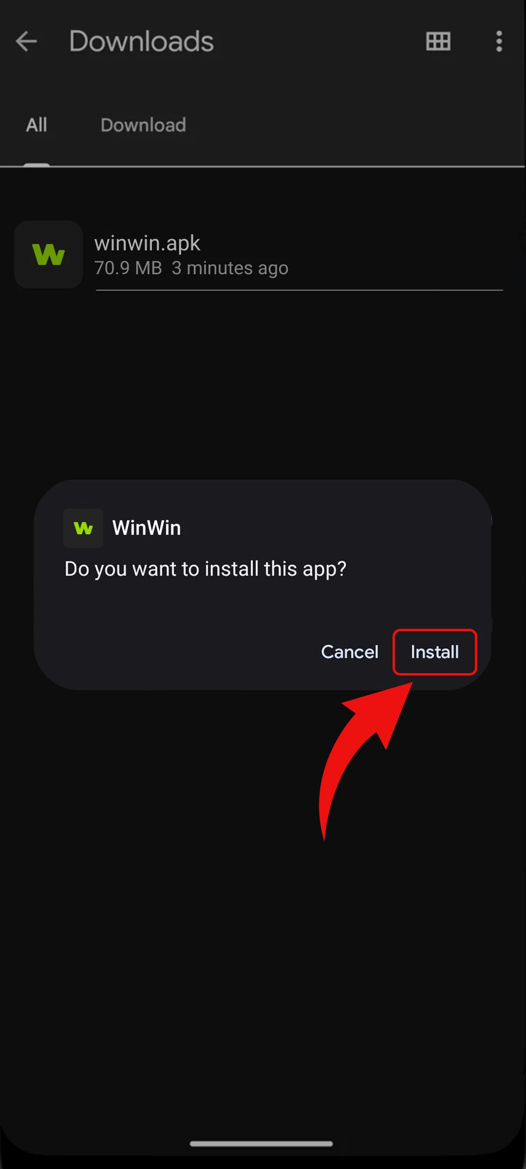 Tap the WinWin APK file and select install to begin the setup.