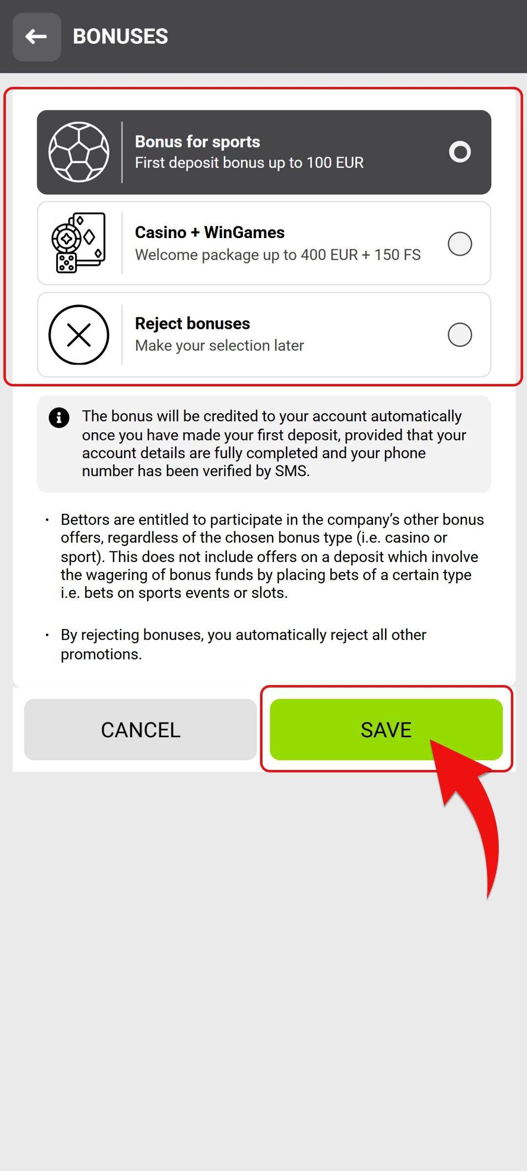 Select your desired welcome bonus during the WinWin registration process.