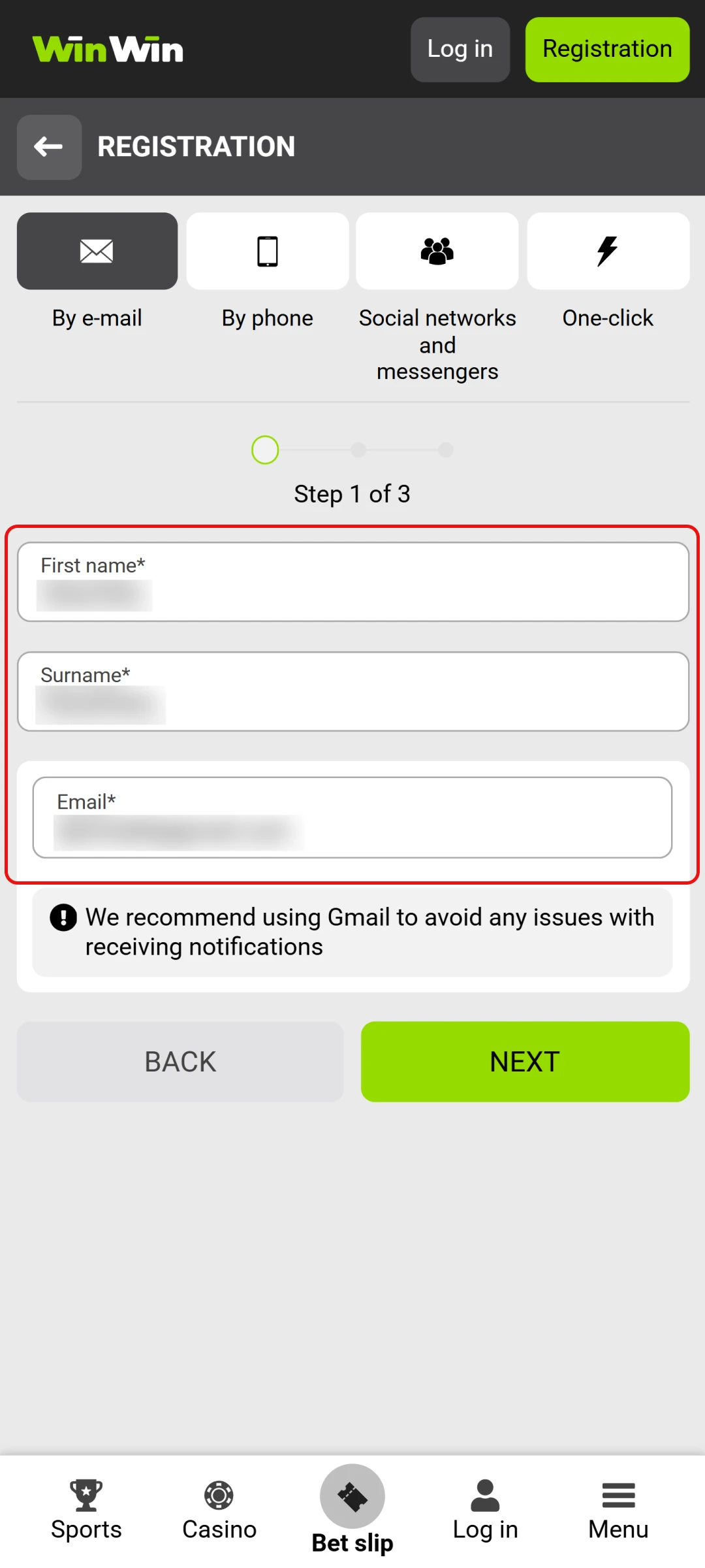 Enter your personal details in the WinWin registration form to proceed.