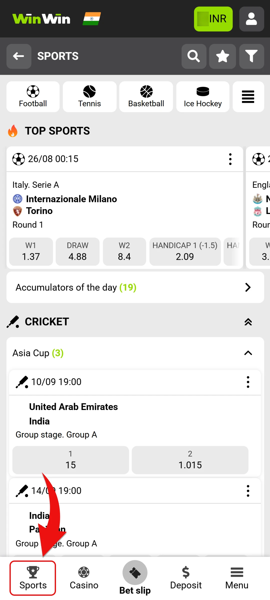 Navigate to the sports betting section on the WinWin platform.