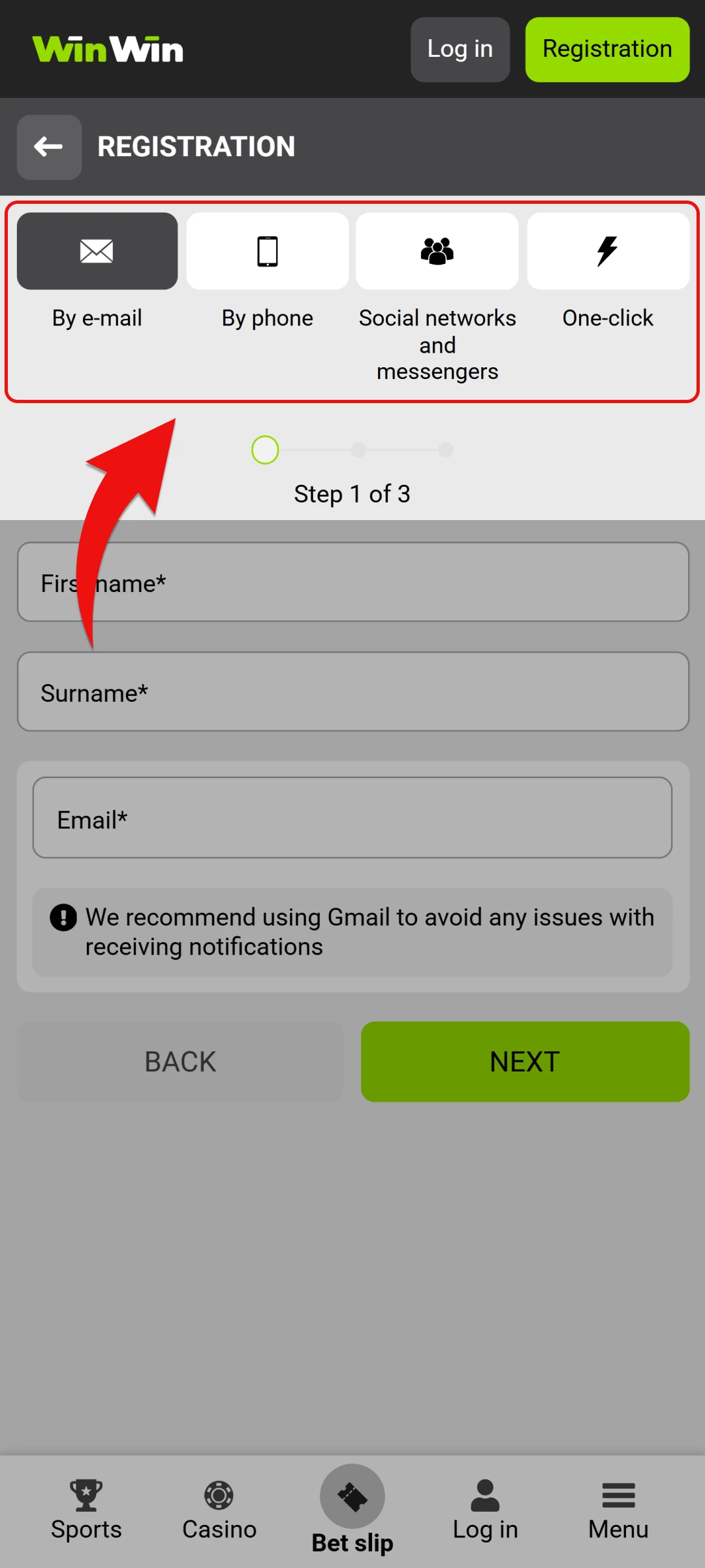 Choose your preferred registration method to create a WinWin account in India.