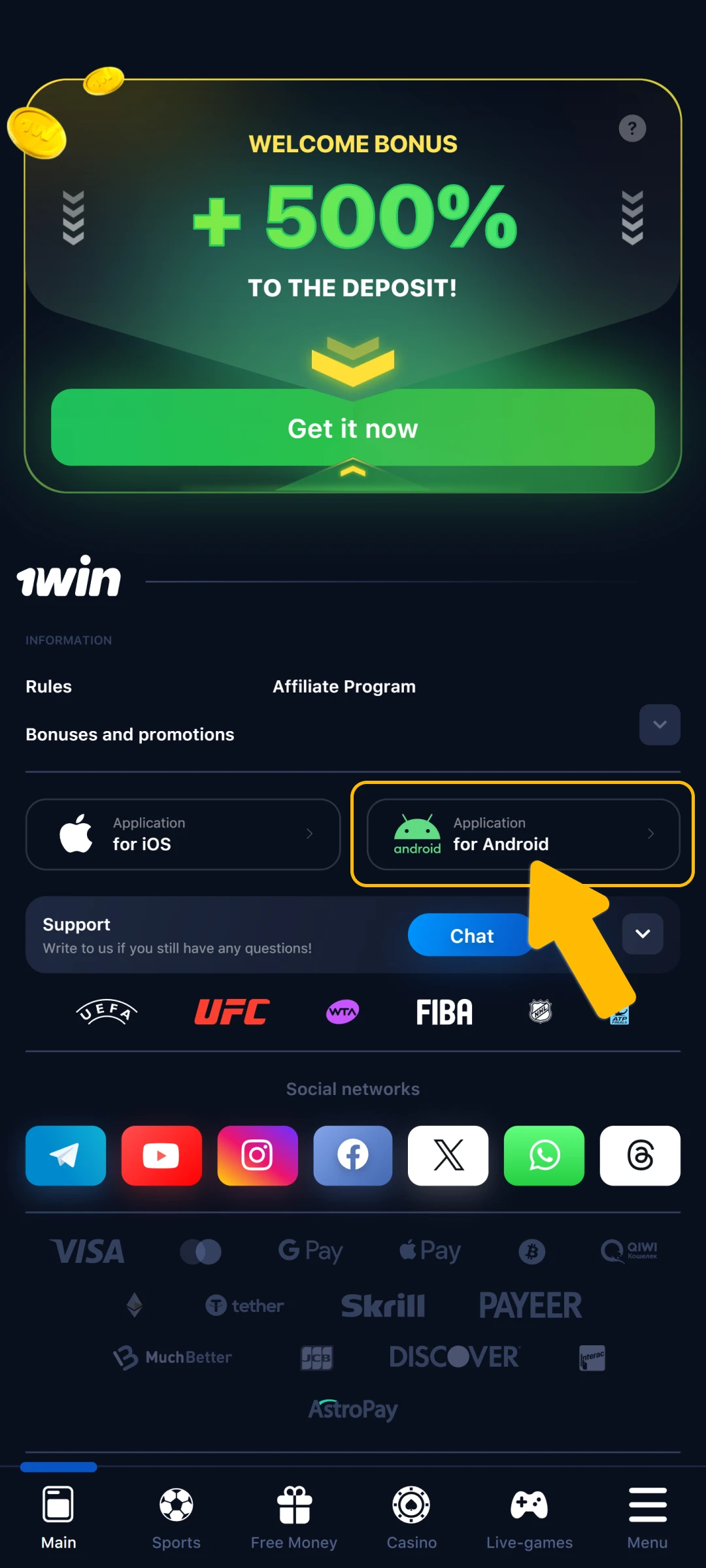Start the 1win App download for Android on your smartphone.