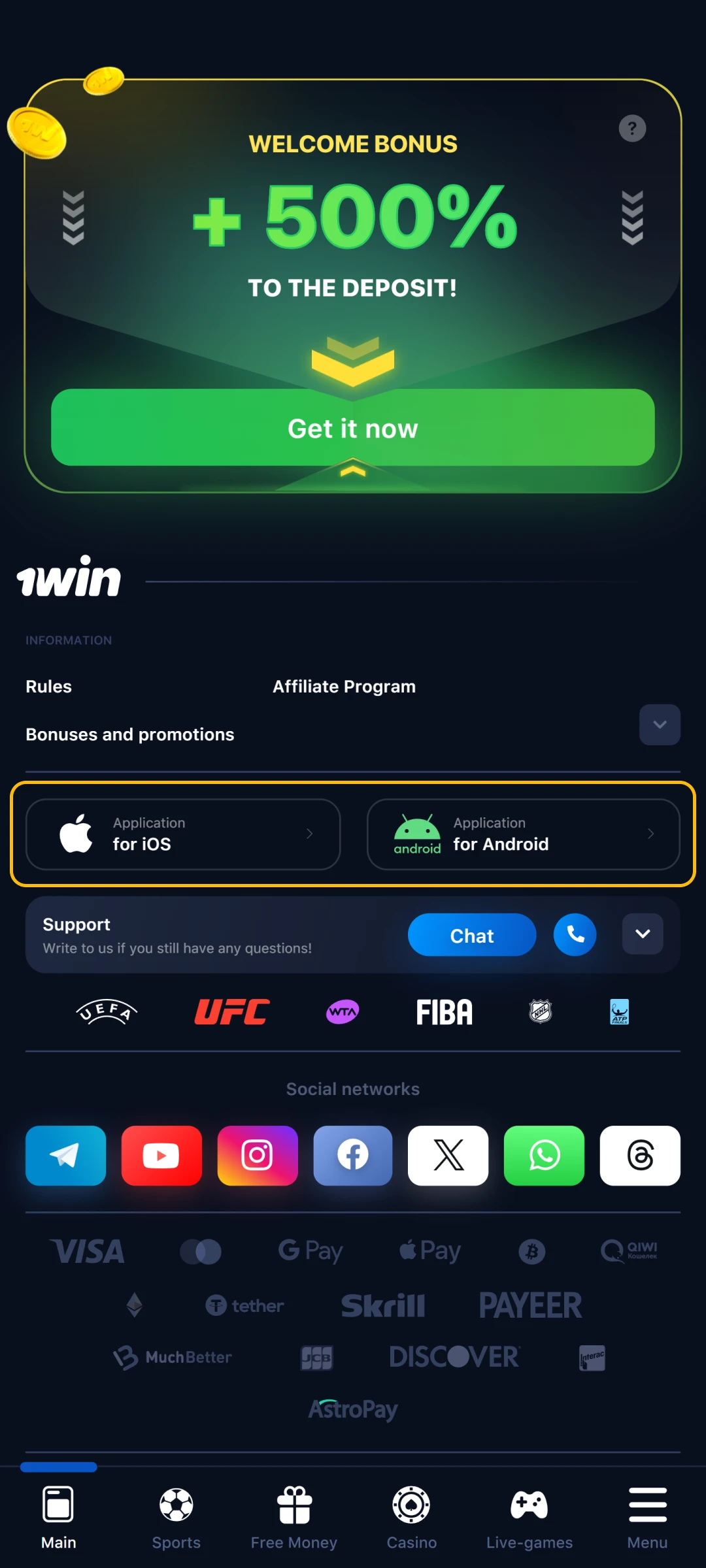 Visit the official 1win website to download the Android App.