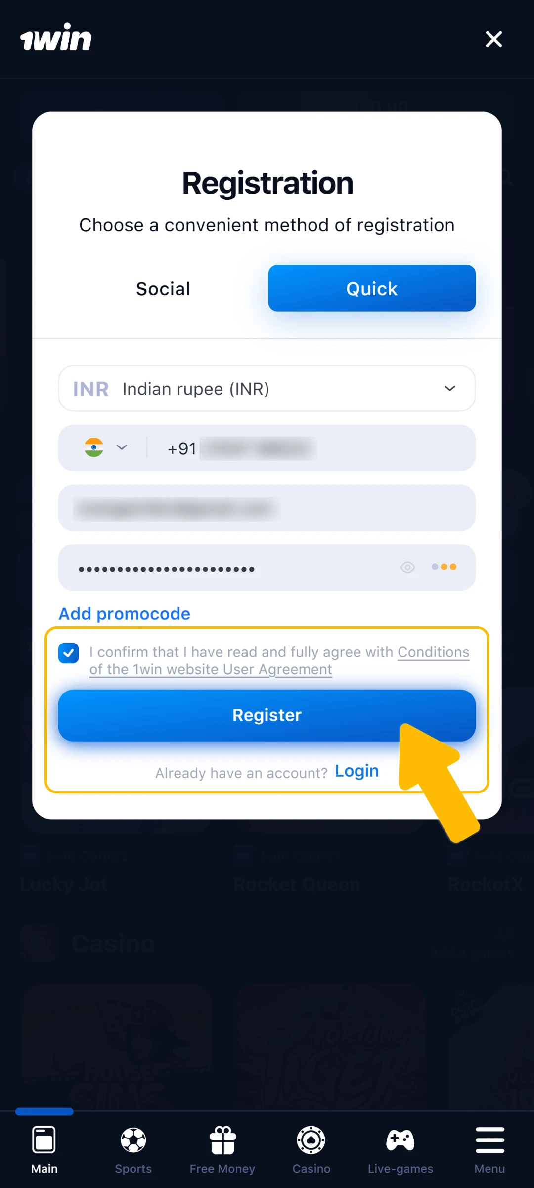 Agree to terms and register to enjoy the 1win App now.