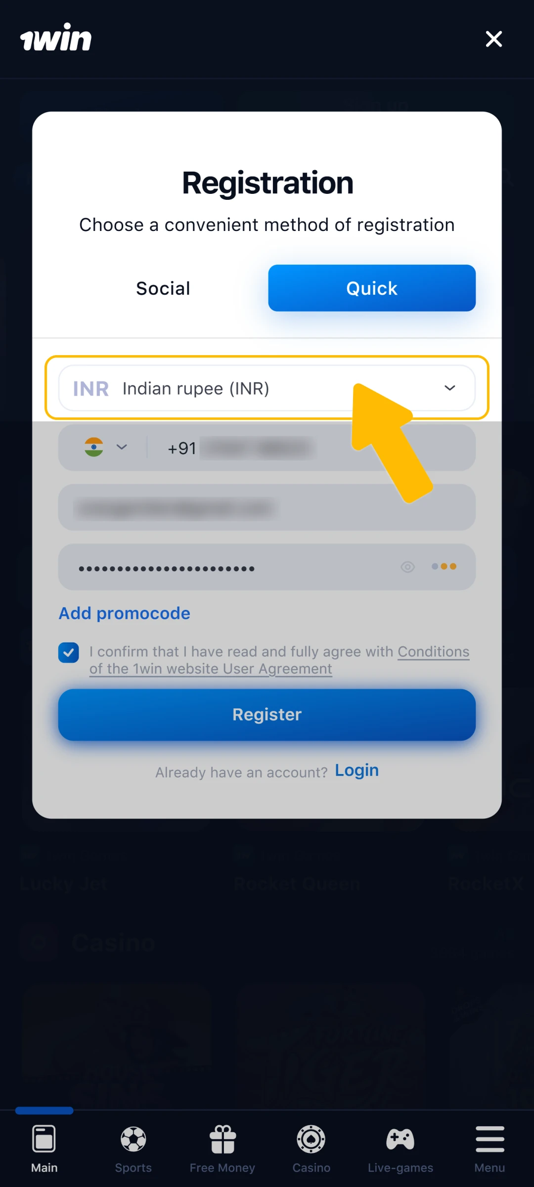 Select your currency for deposits and start using the 1win App.
