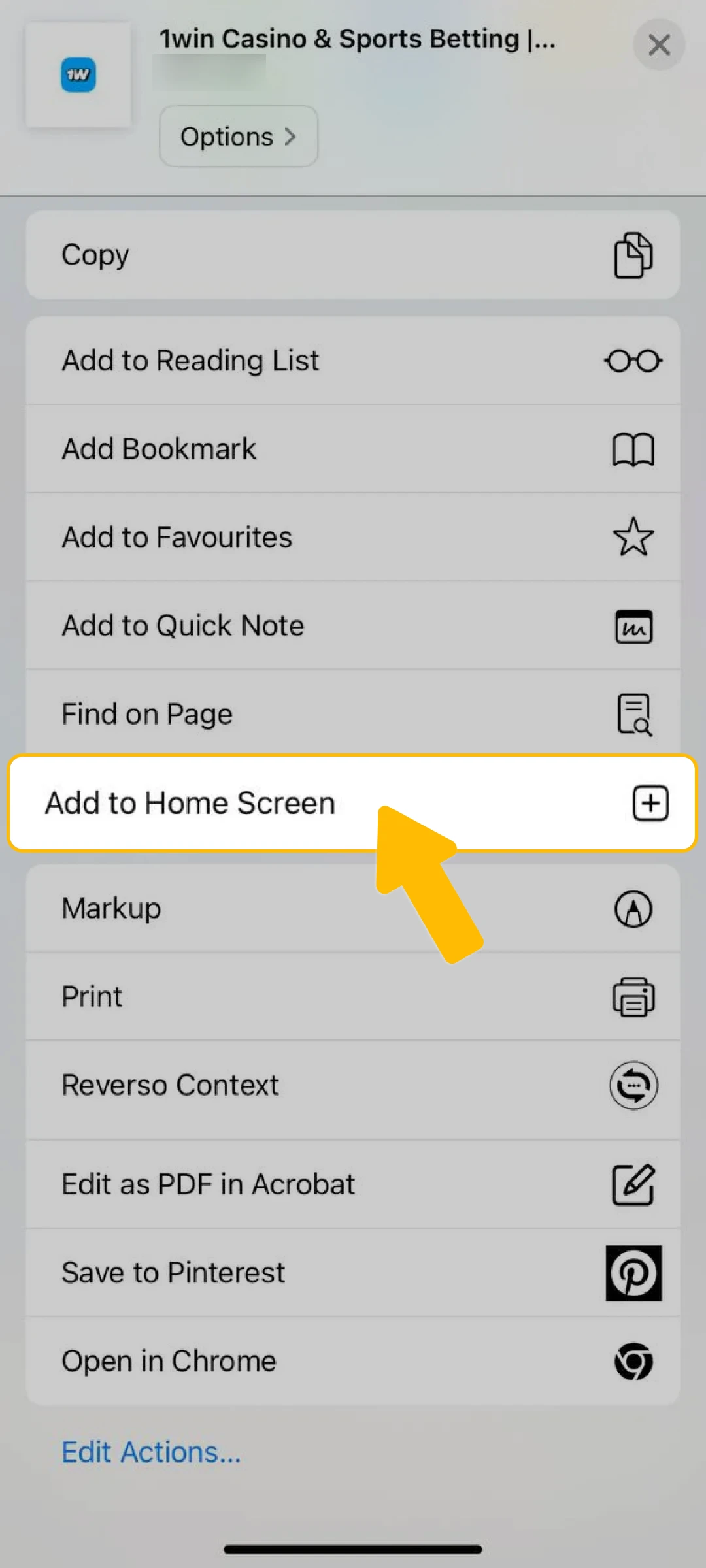 Final step to install 1win on iPhone: Choosing Add to Home Screen creates an app icon on your device.