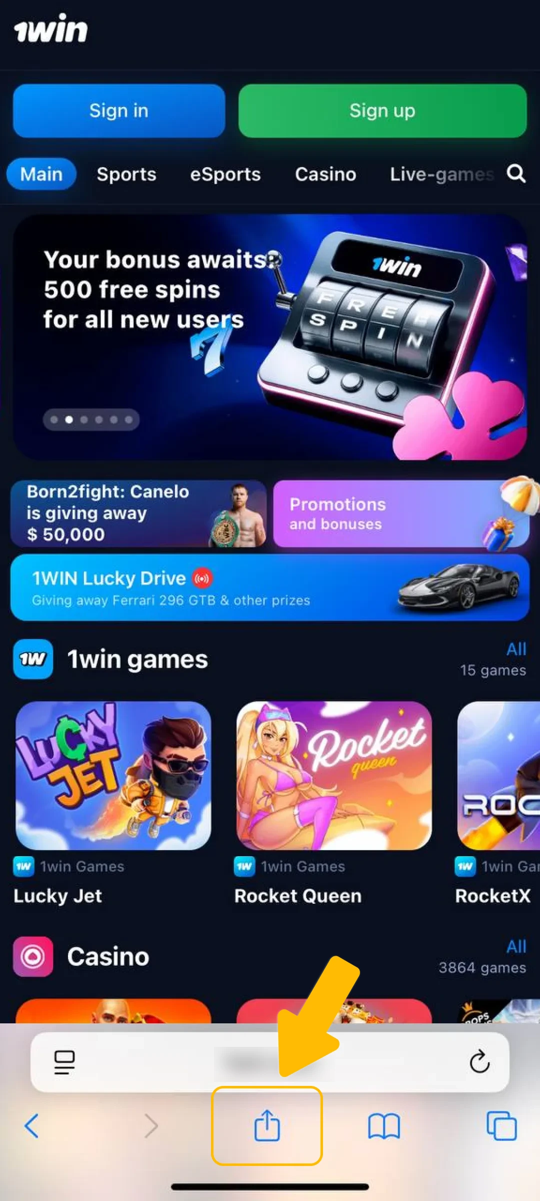 How to install 1win on iPhone: The second step is pressing the Share button on the browser toolbar.