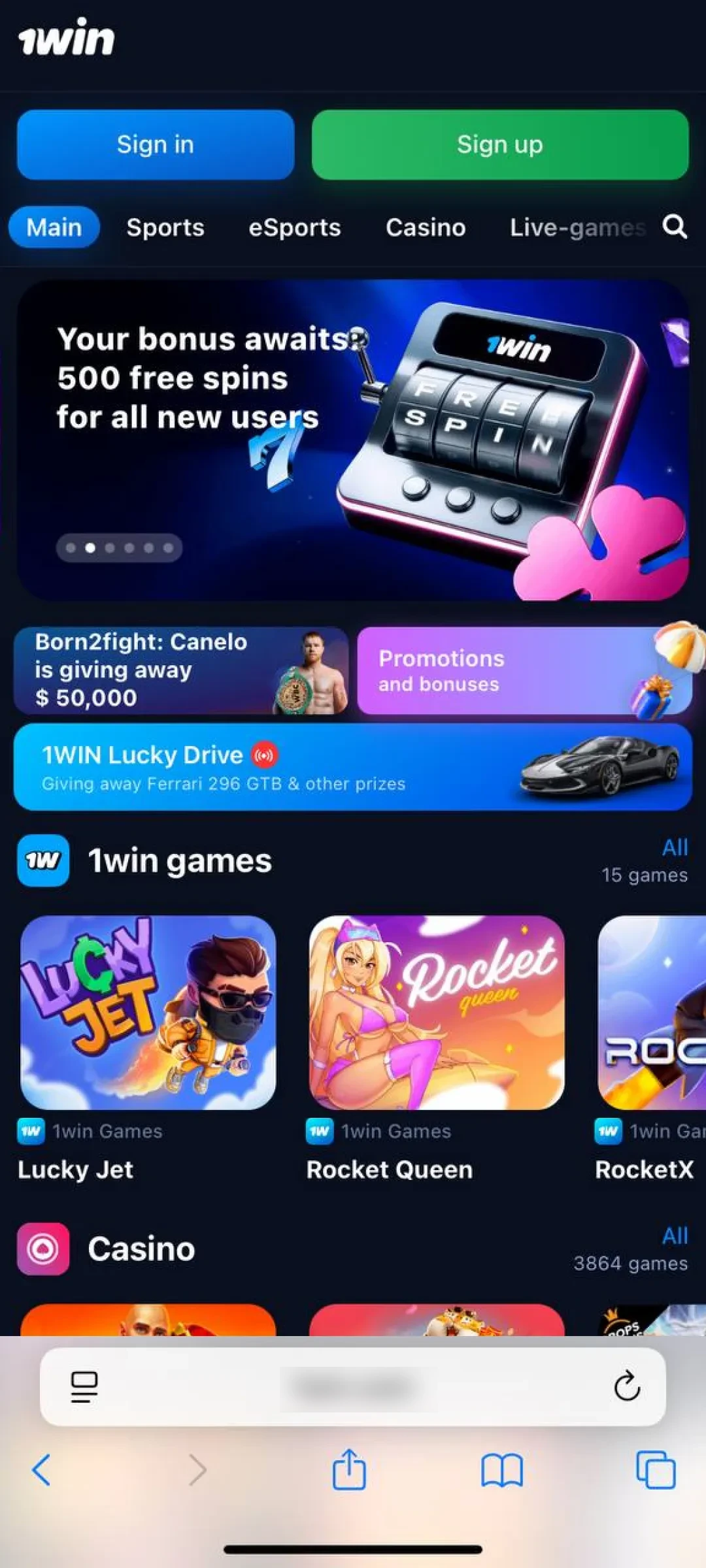 Find the 1win iOS app: Instructions for scrolling past the Casino Games and Promotions to the download link.