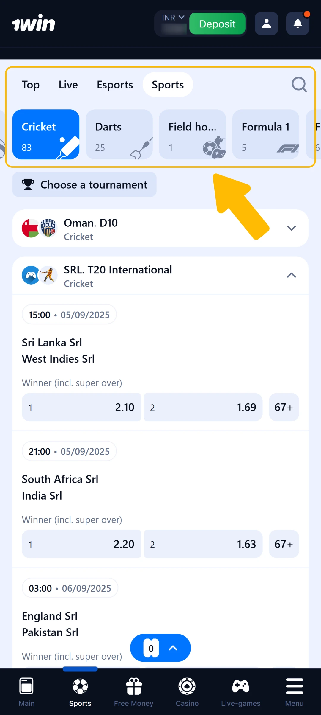 Select your preferred sport and bet using the 1win App.