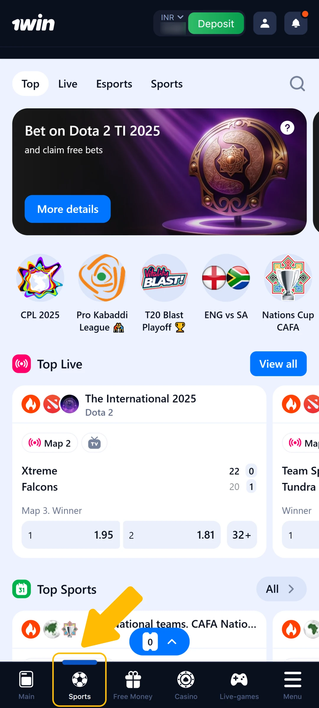 Browse the sports categories in the 1win App to bet.