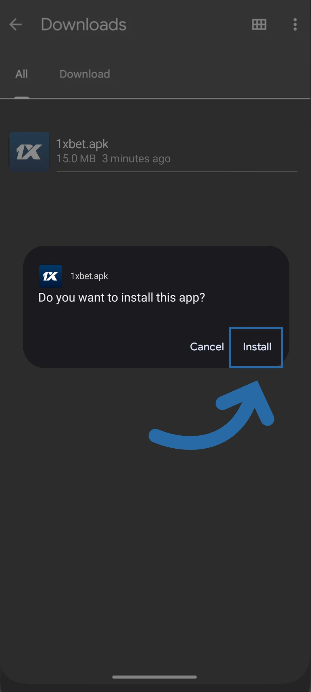 Trigger the setup process to integrate the 1xBet App on your Android phone.