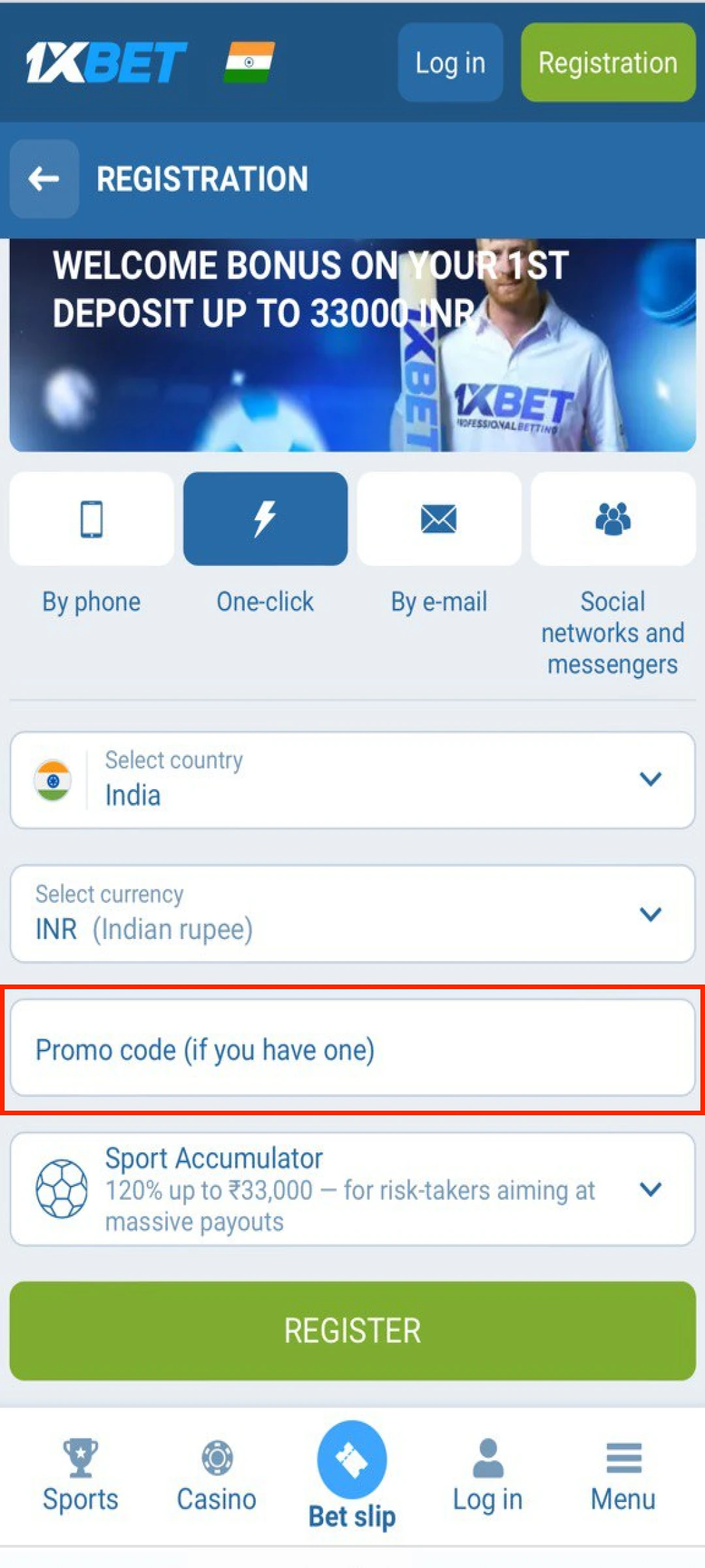 Apply a valid promo code during the 1xBet App account setup for extra rewards.