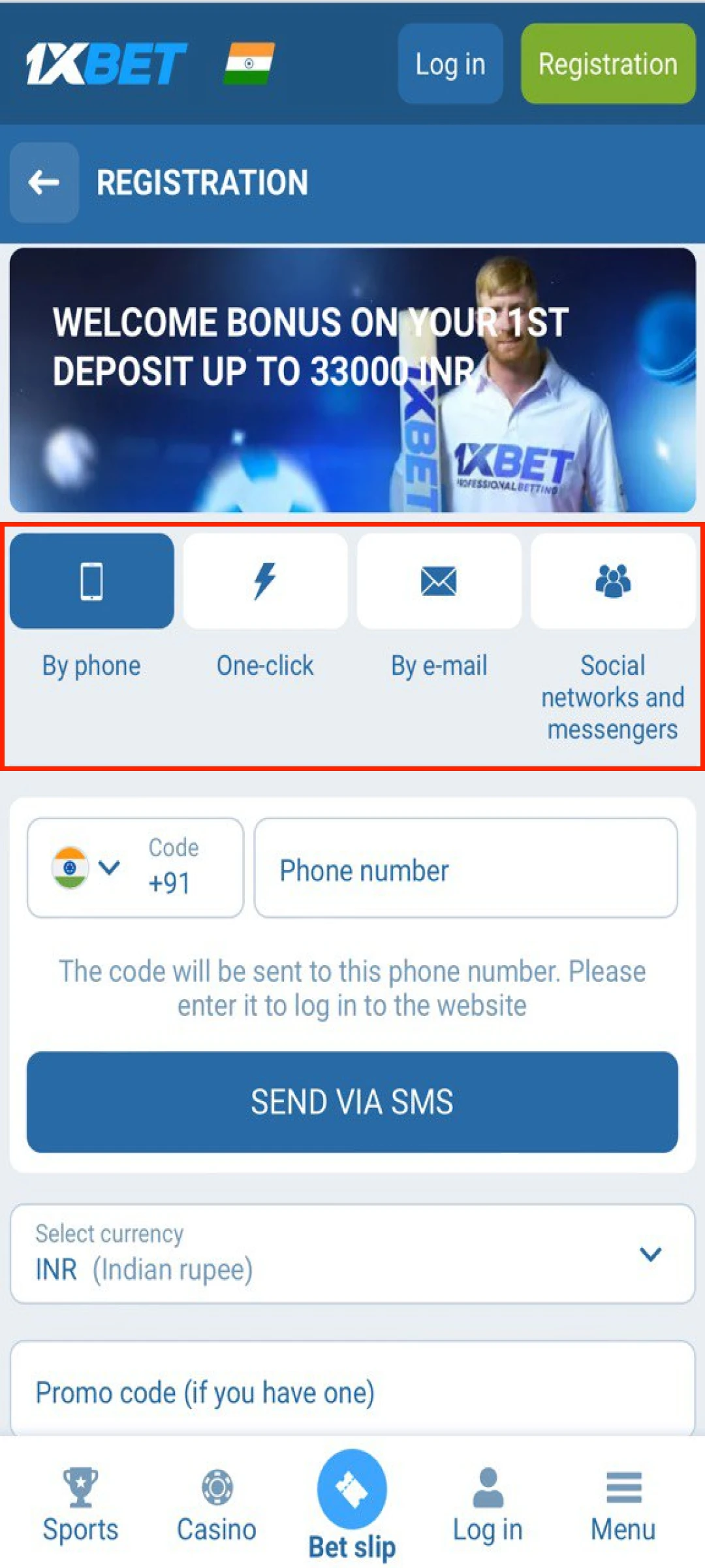 Select your preferred sign-up method for a new 1xBet App account profile.