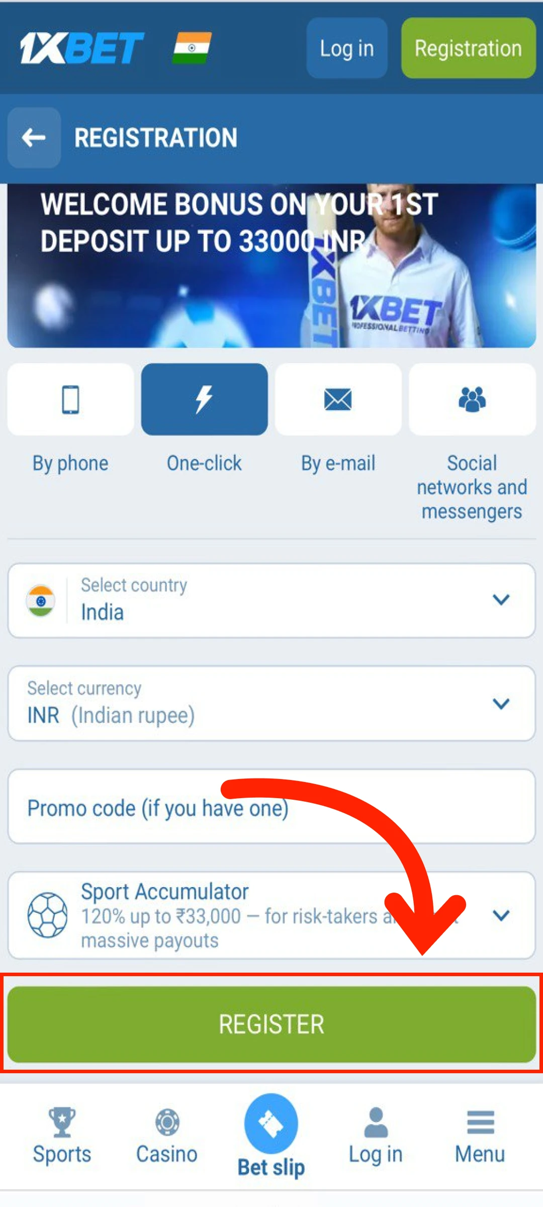 Finalize the digital form to register your official 1xBet App account.