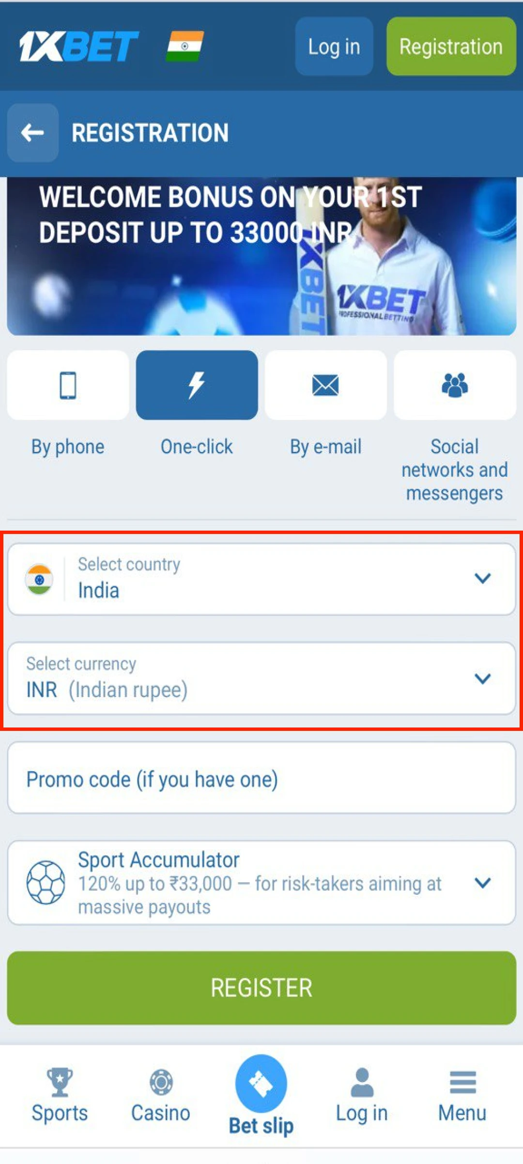 Provide necessary user data to complete the 1xBet App account registration.