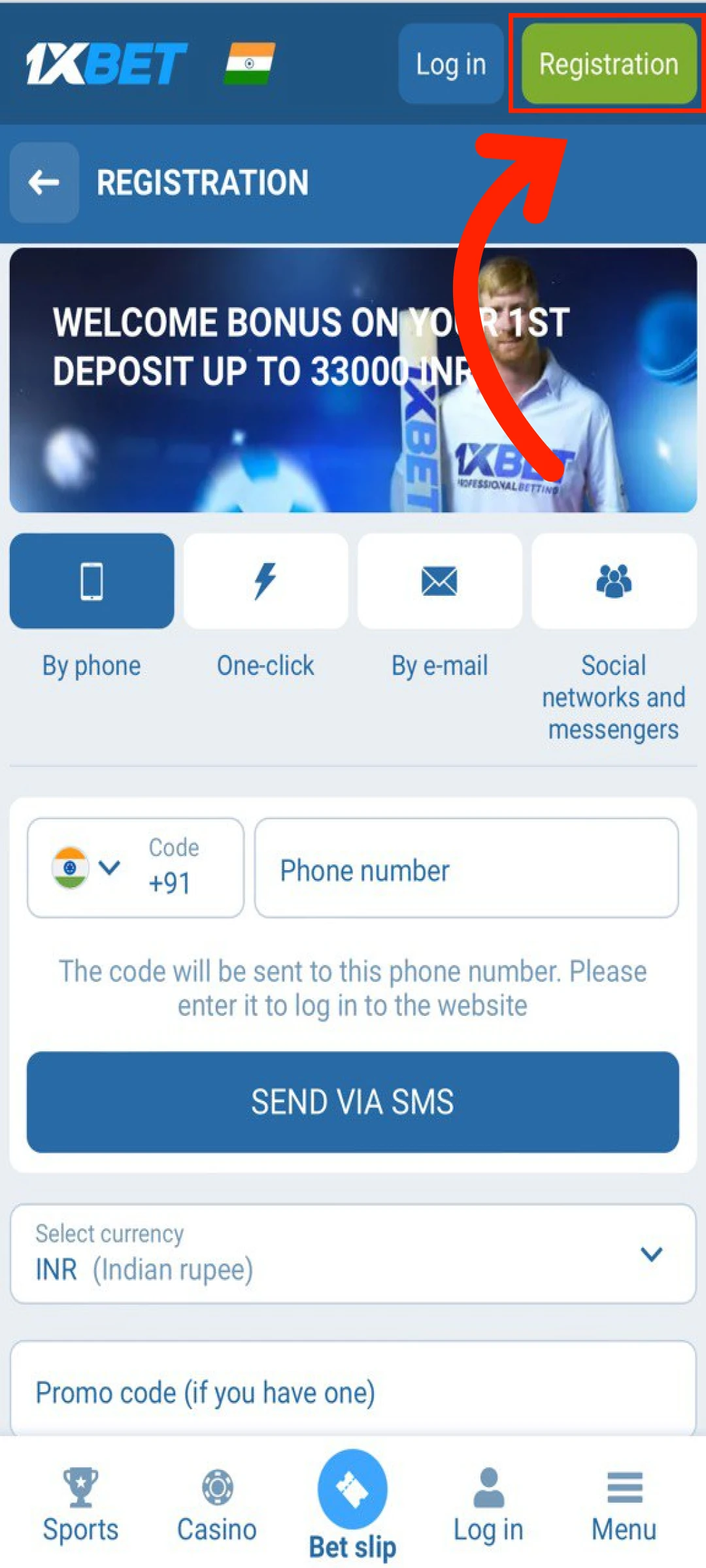 Visit the official platform to initiate the 1xBet App account creation process.