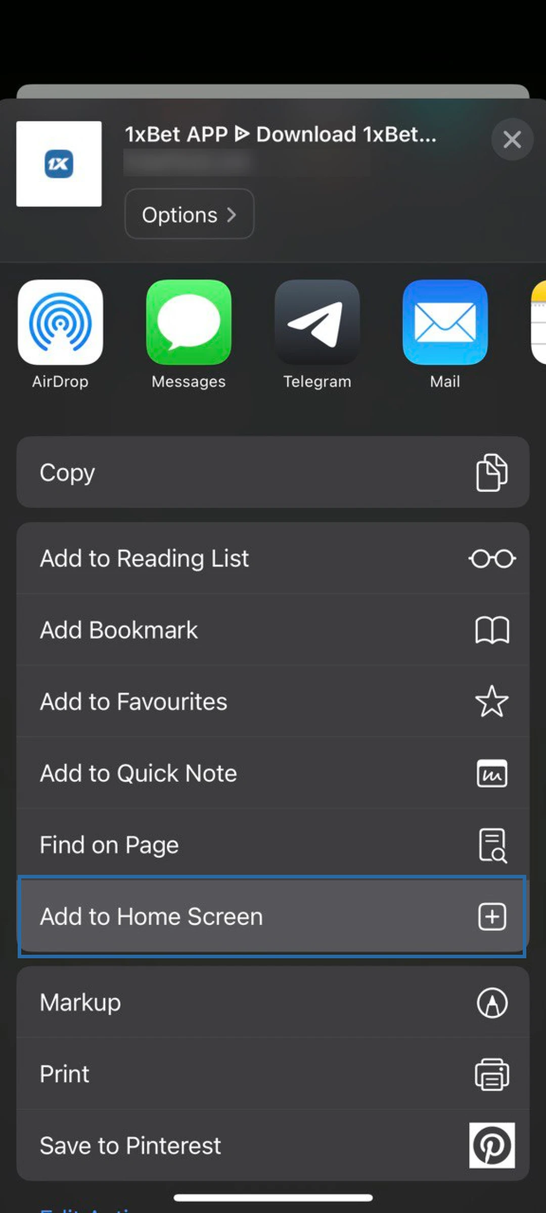 Opt for the home screen shortcut to host the 1xBet App on iOS.