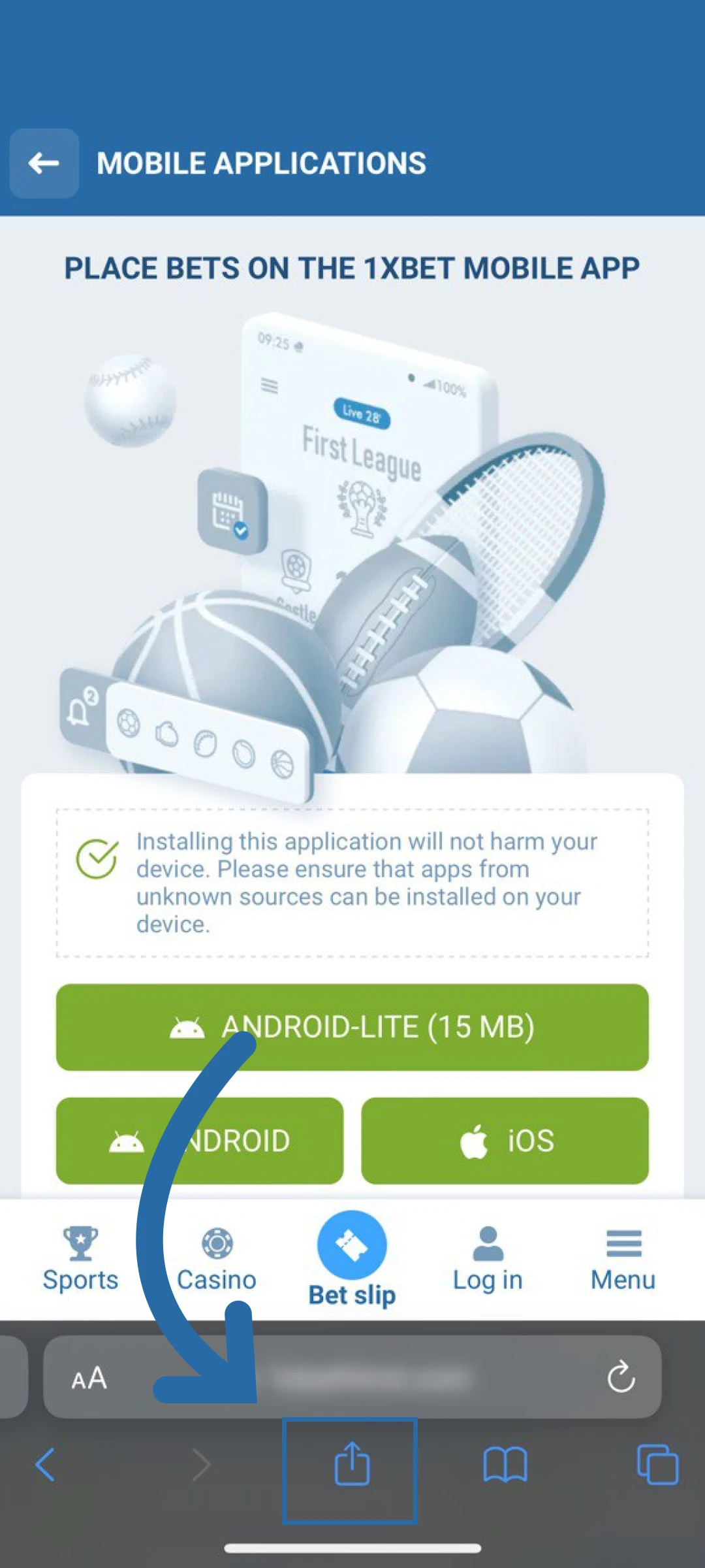 Activate the browser share menu to initiate the 1xBet App iOS installation.