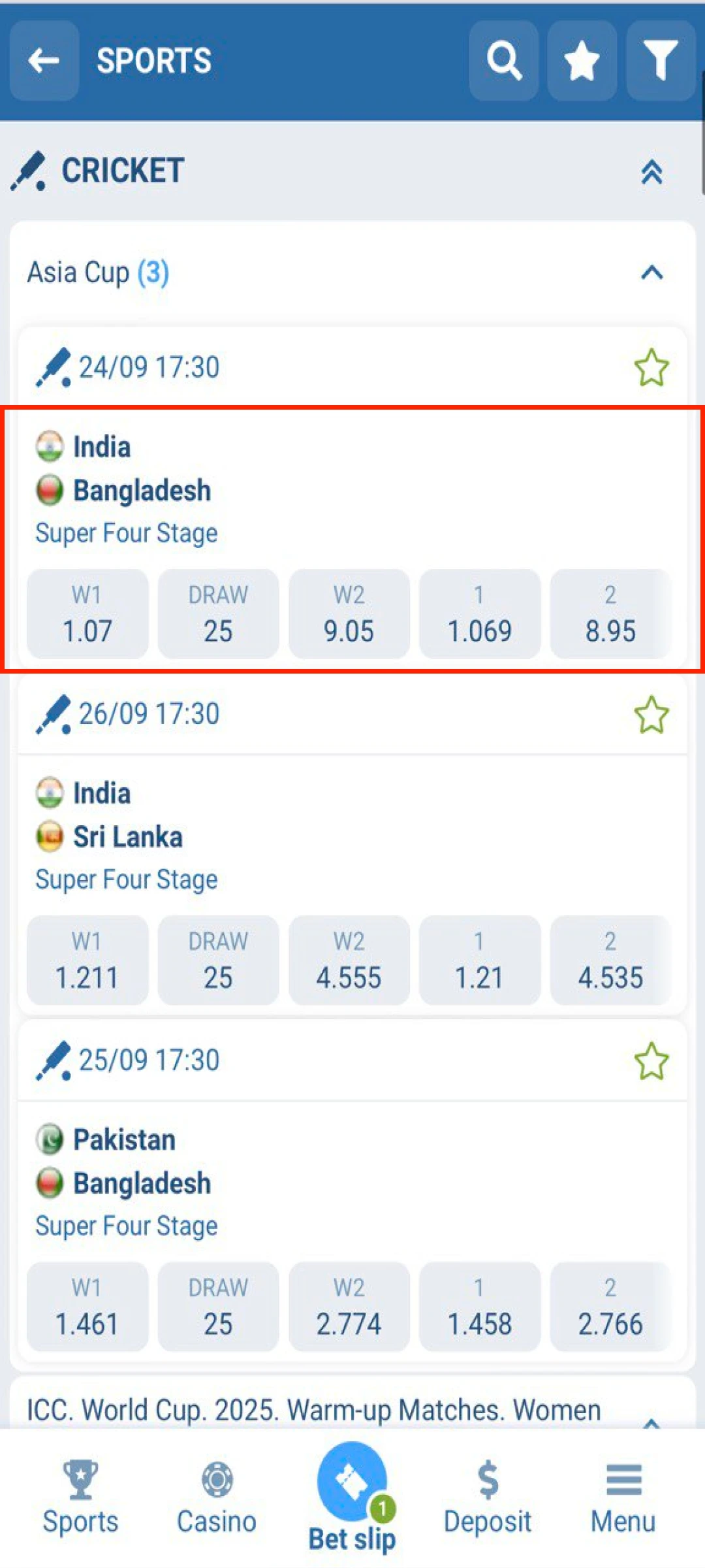 Study the market variations and real-time odds on the 1xBet App.