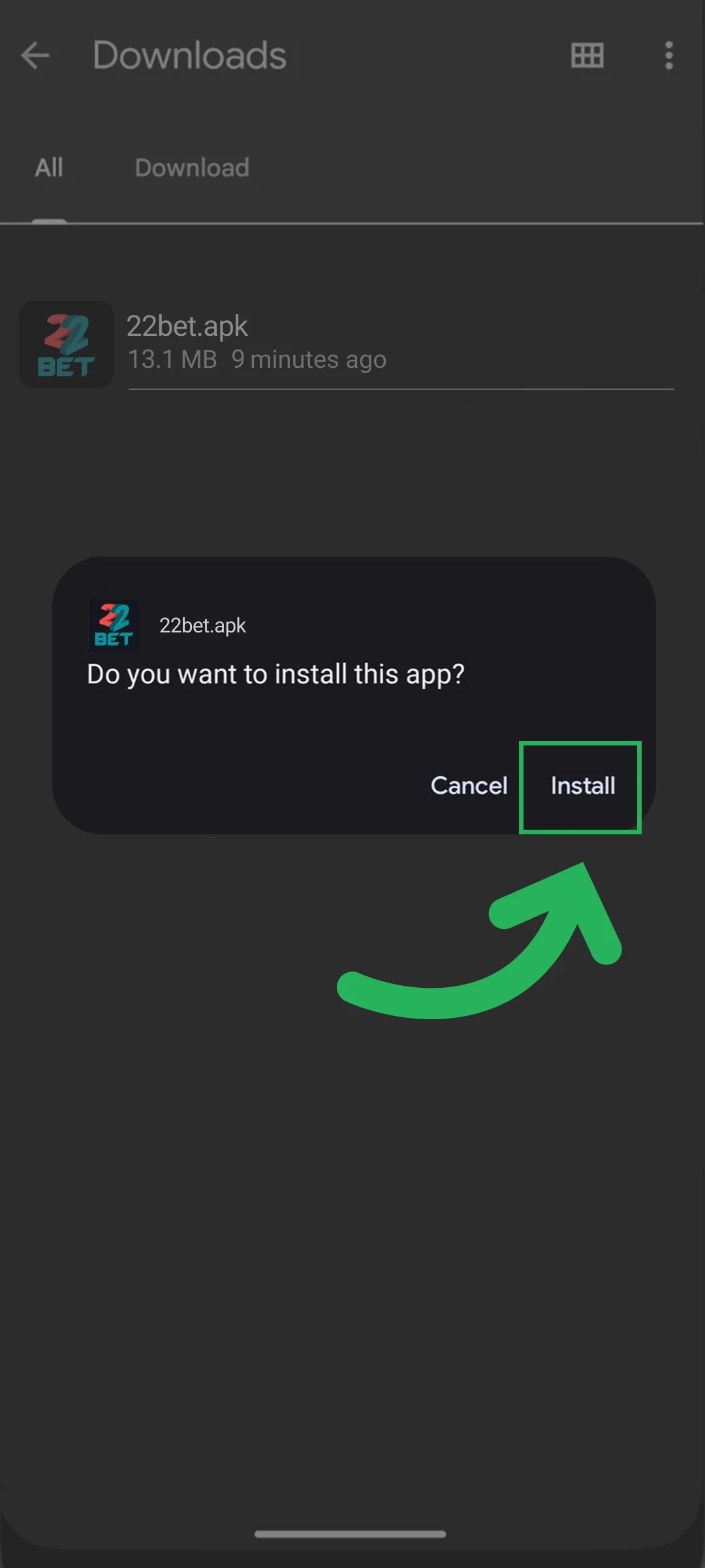 Open the APK and tap install for the 22bet mobile app.