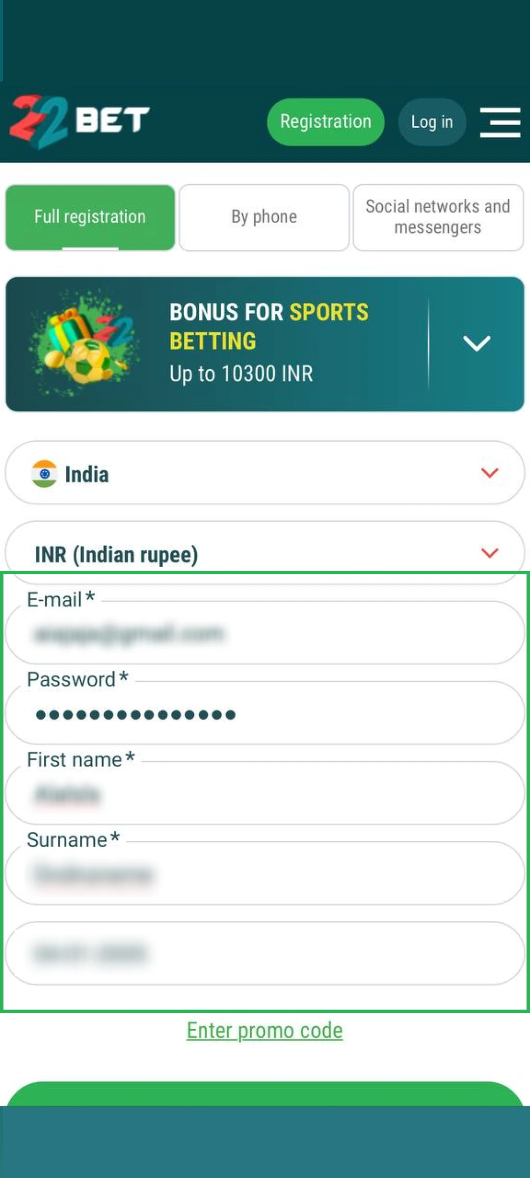 Fill in personal and contact information for a new 22bet App account.