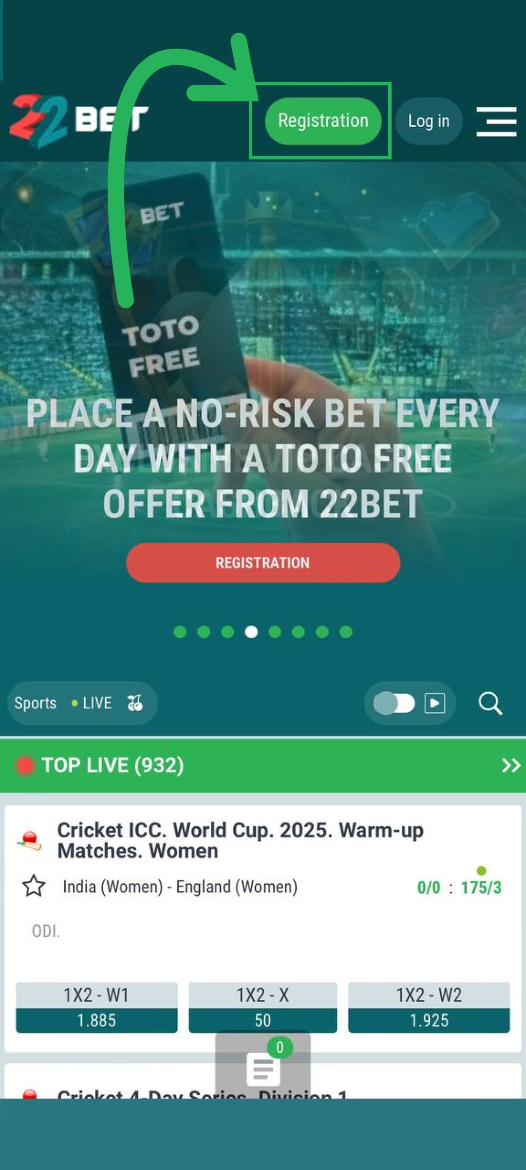 Click the registration button on the official 22bet App mobile platform.