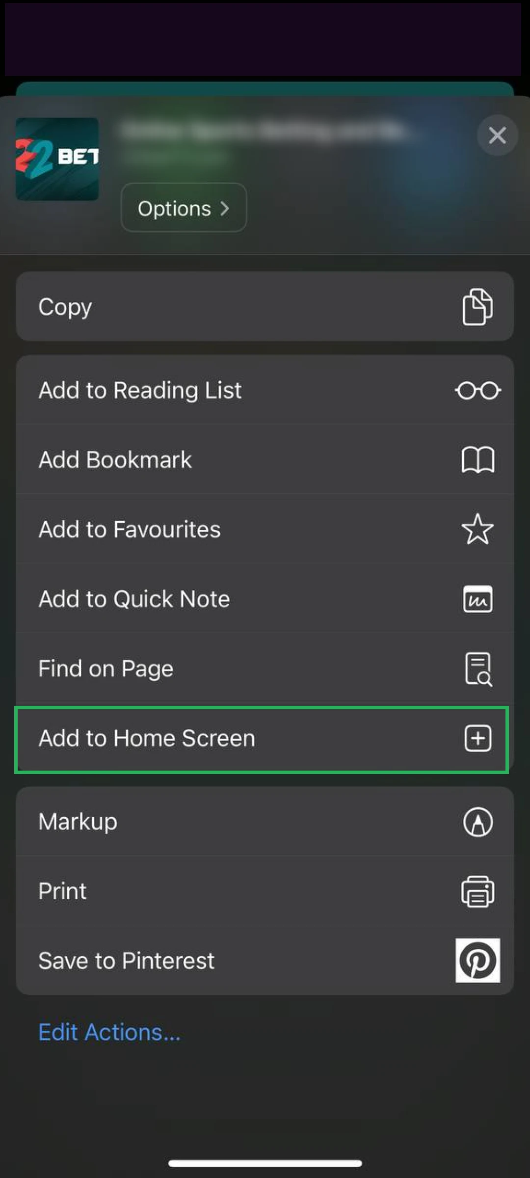 Select the home screen option for your 22bet App iOS shortcut.