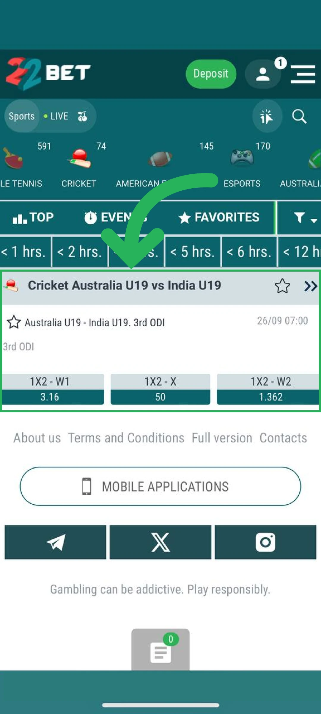 Choose a sports event or match to bet on 22bet App.