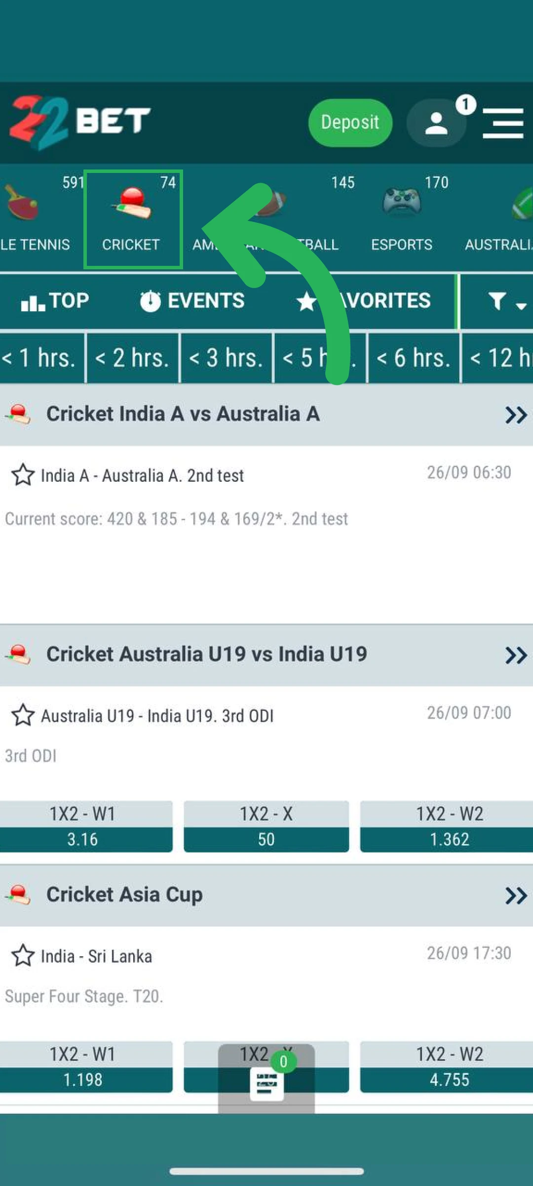 Select a specific sport from the diverse 22bet App betting catalog.