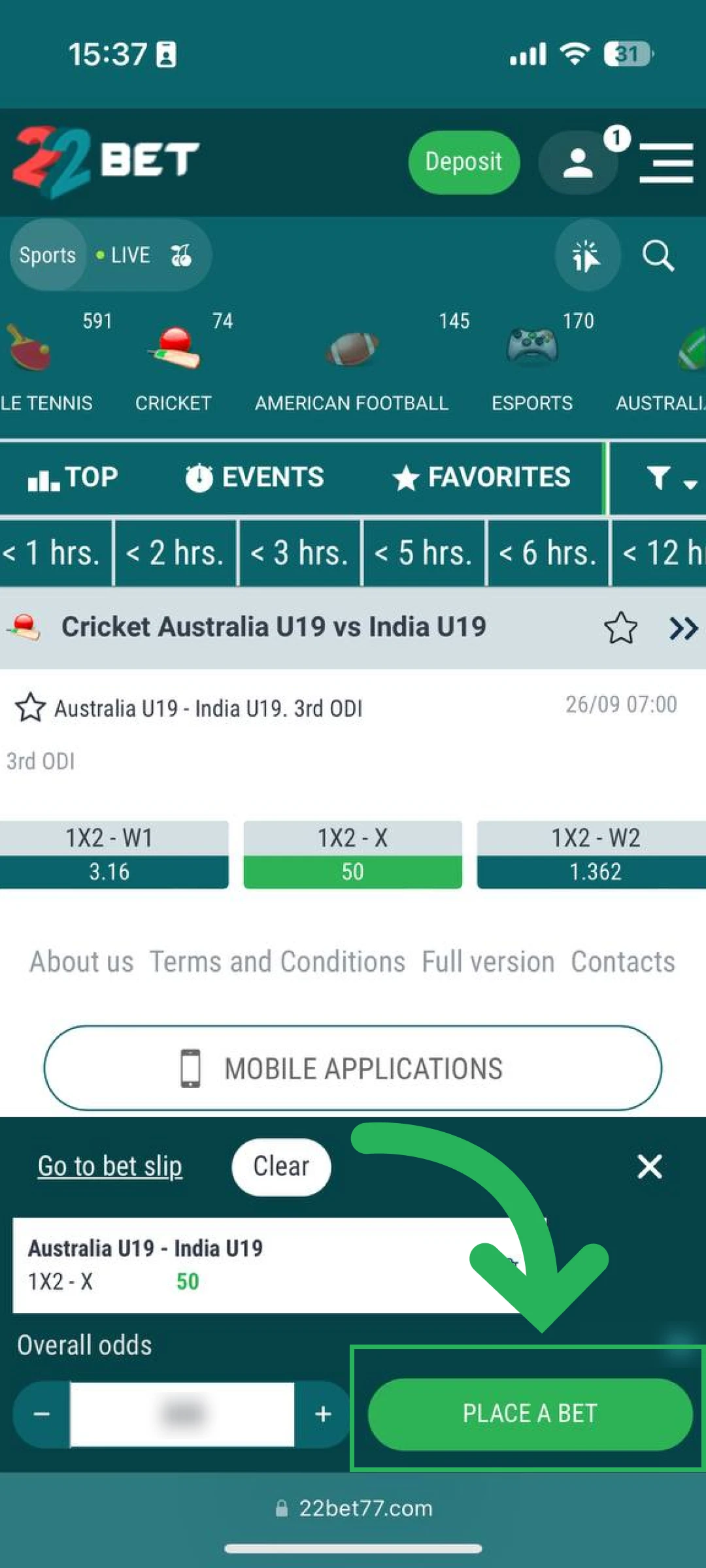 Review competitive odds and confirm your final 22bet App bet slip.