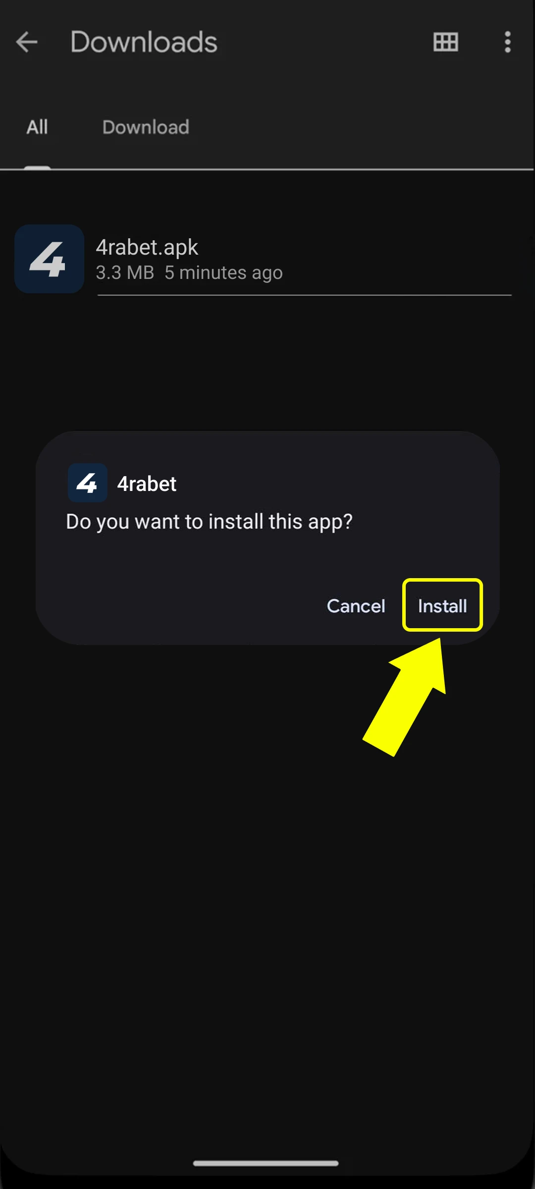 Start the 4rabet Android App installation by tapping the APK file.