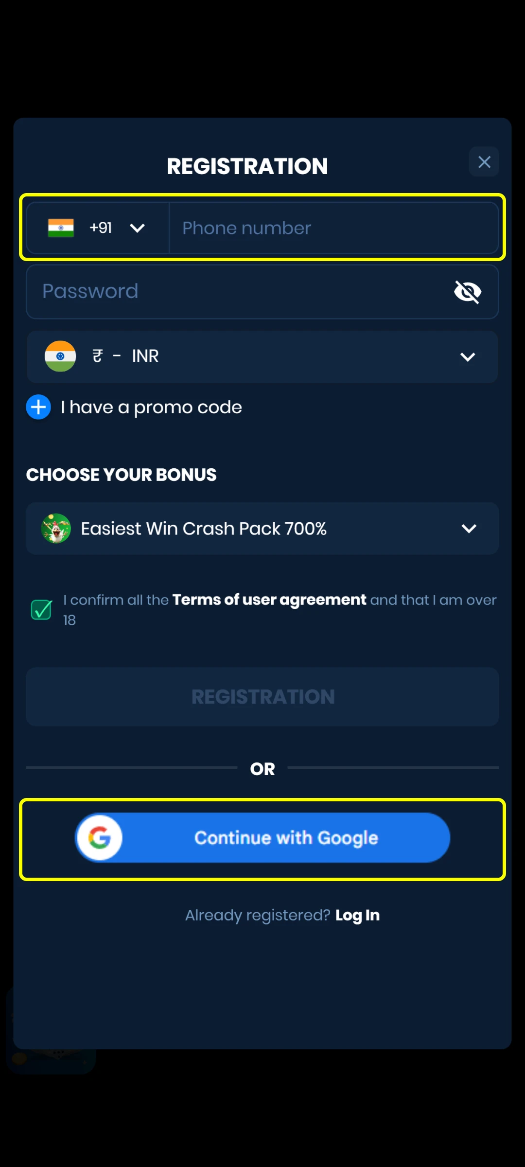 Enter your contact details to sign up for the 4rabet App.