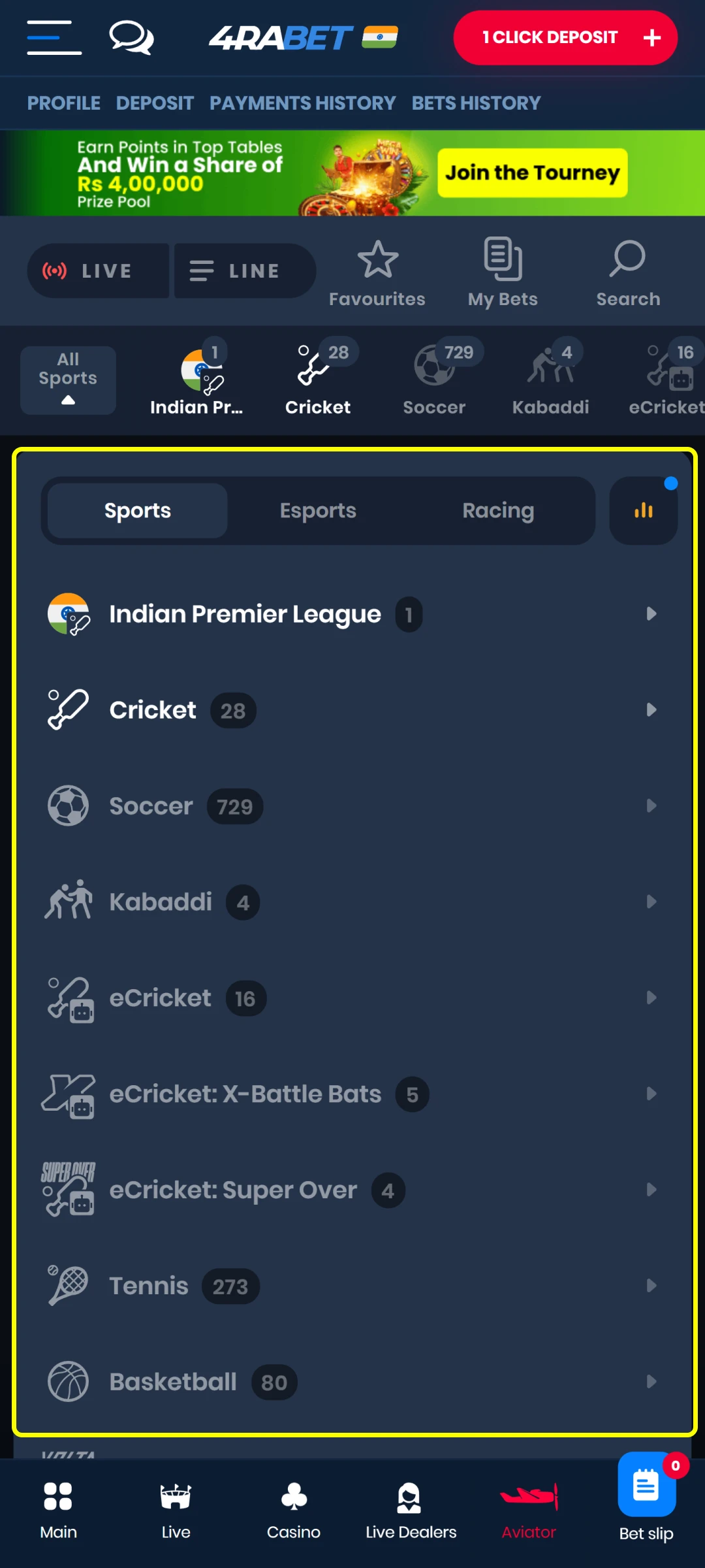 Select your favorite sport to place a bet on the 4rabet.