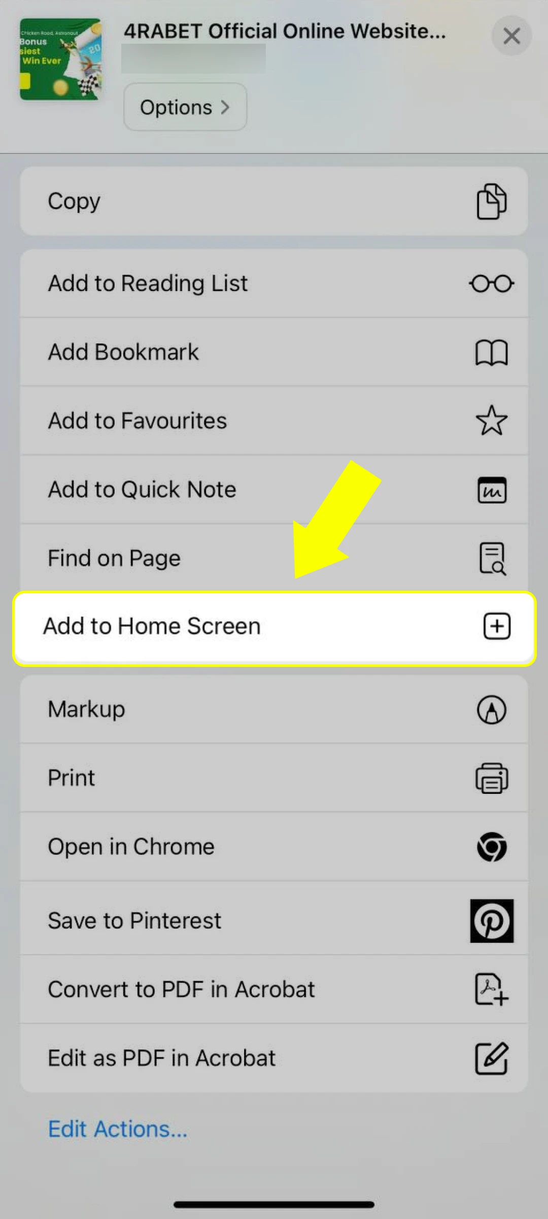 Select add to home screen to create the 4rabet iOS App icon.
