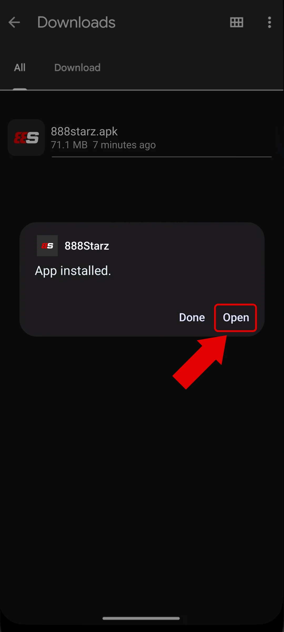 Complete the 888Starz app installation to start mobile betting in India.