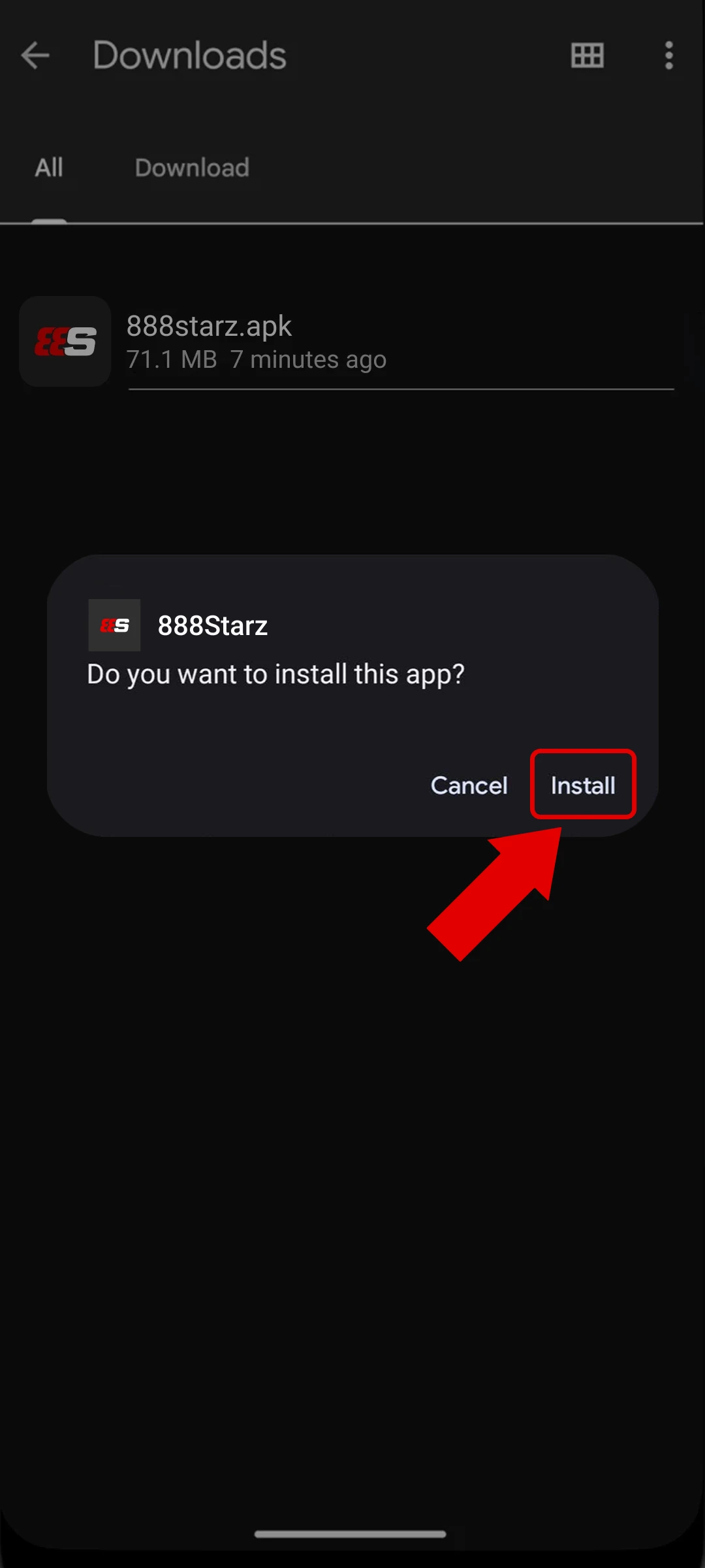 Tap the 888Starz APK and select install to begin the setup.