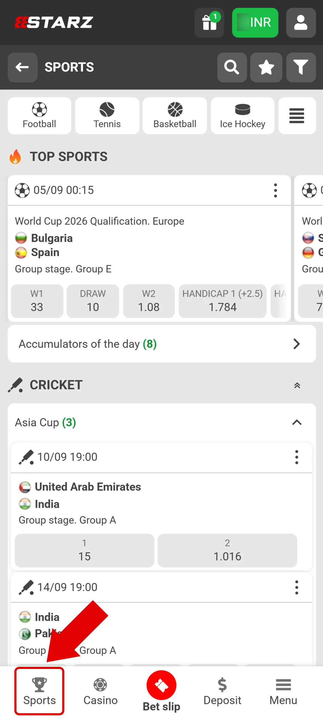 Access the 888Starz sports or live betting categories via the main navigation menu.