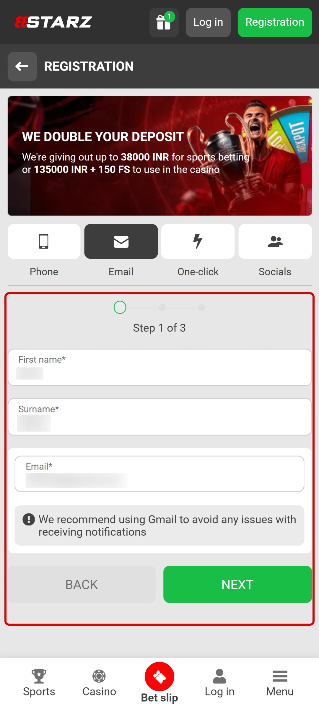 Enter your personal details to complete the 888Starz account registration form.