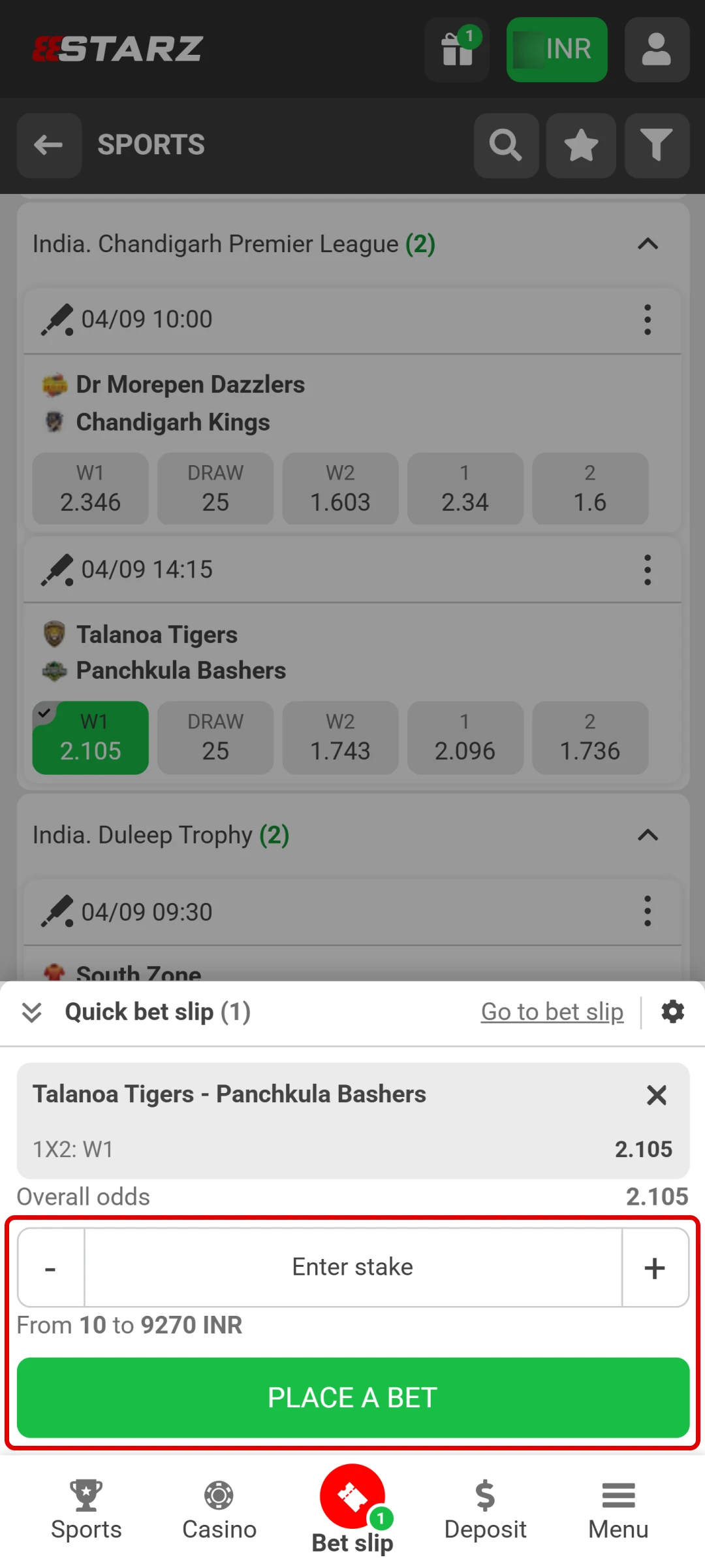 Enter your stake amount and confirm your bet on the 888Starz mobile interface.