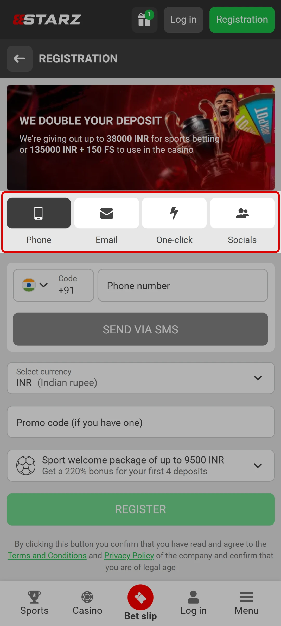 Choose your preferred 888Starz registration method to create a new account.