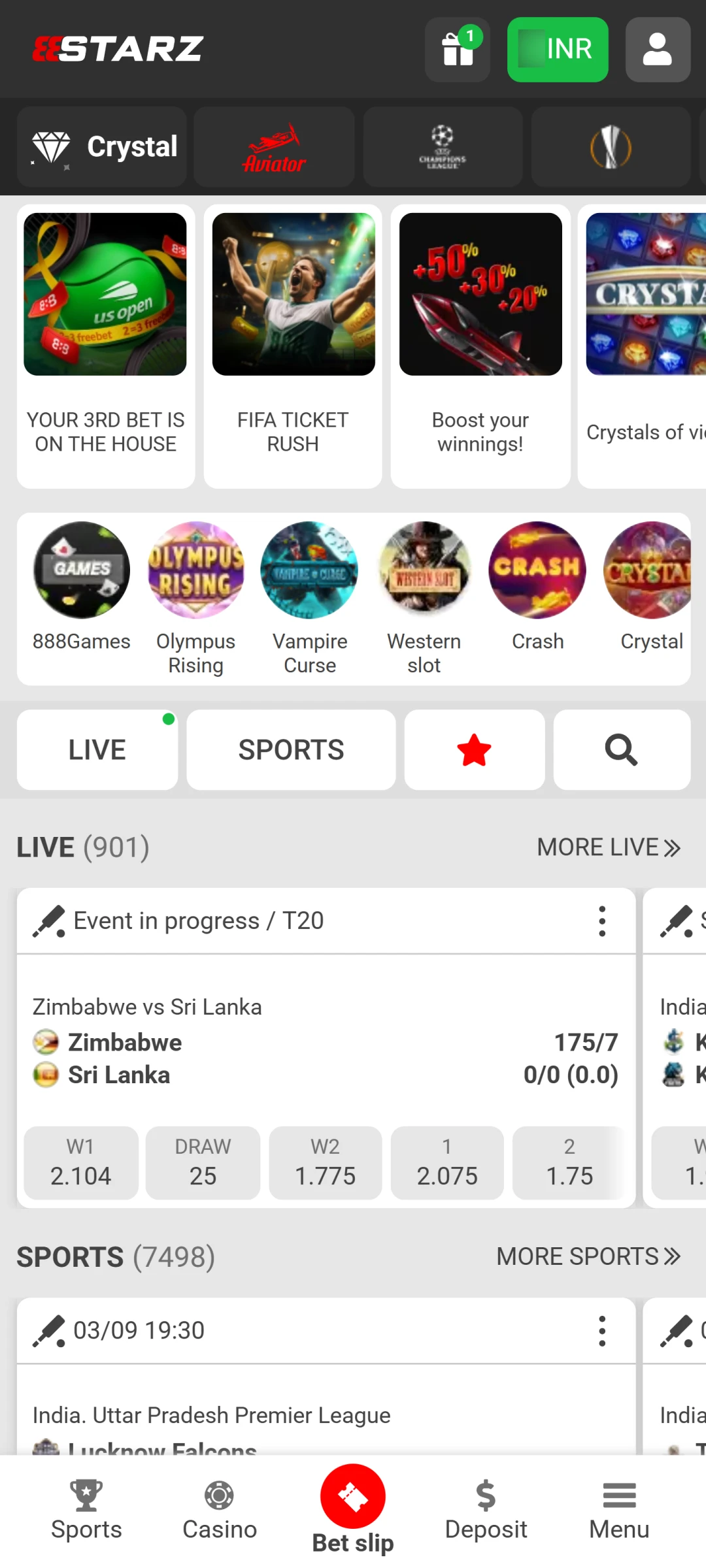 Open the official 888Starz app or website to begin your betting session in India.