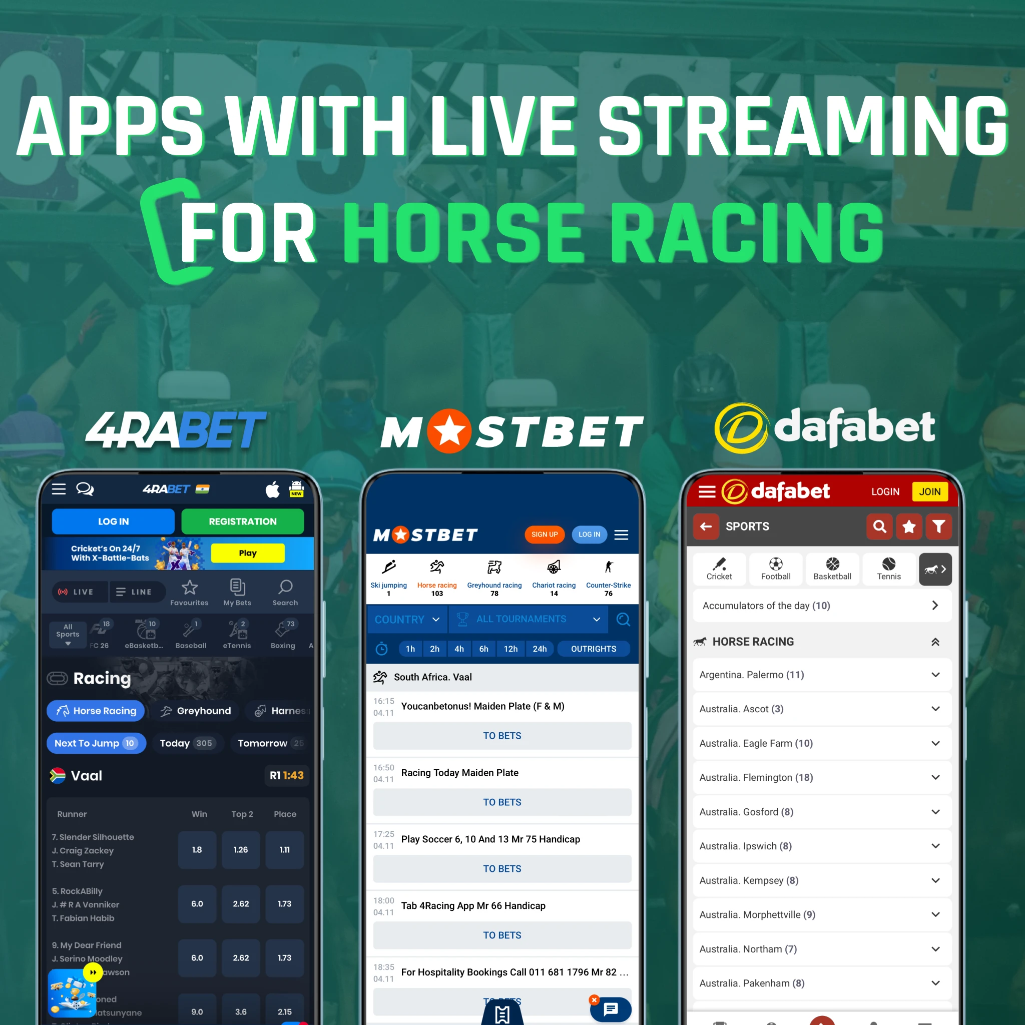 Top horse betting apps with real-time video - 4rabet global derbies, Mostbet in-play integration, Dafabet race stats