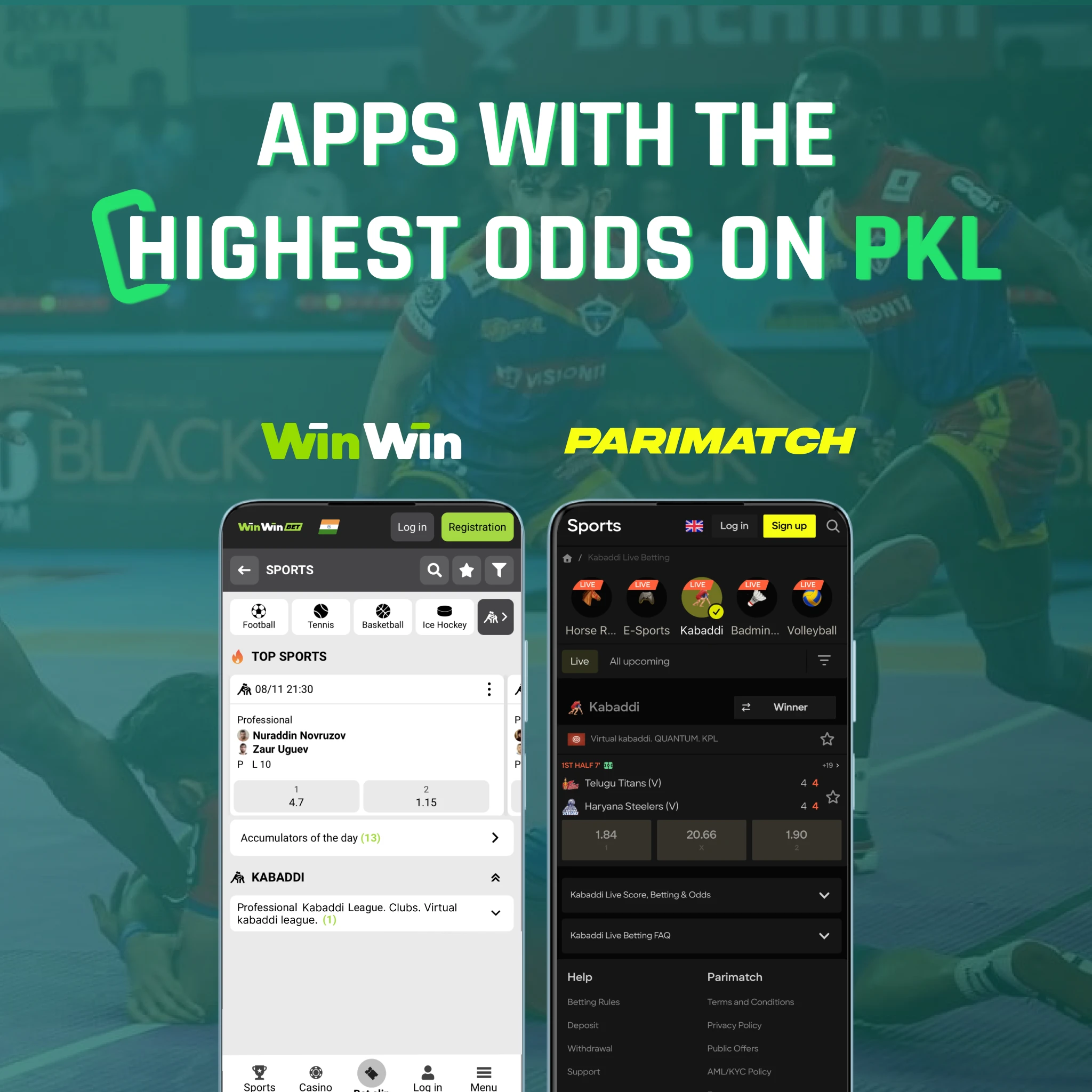 WinWin vs Parimatch PKL odds [year] - WinWin higher raid/defense margins, Parimatch better outright title winner lines