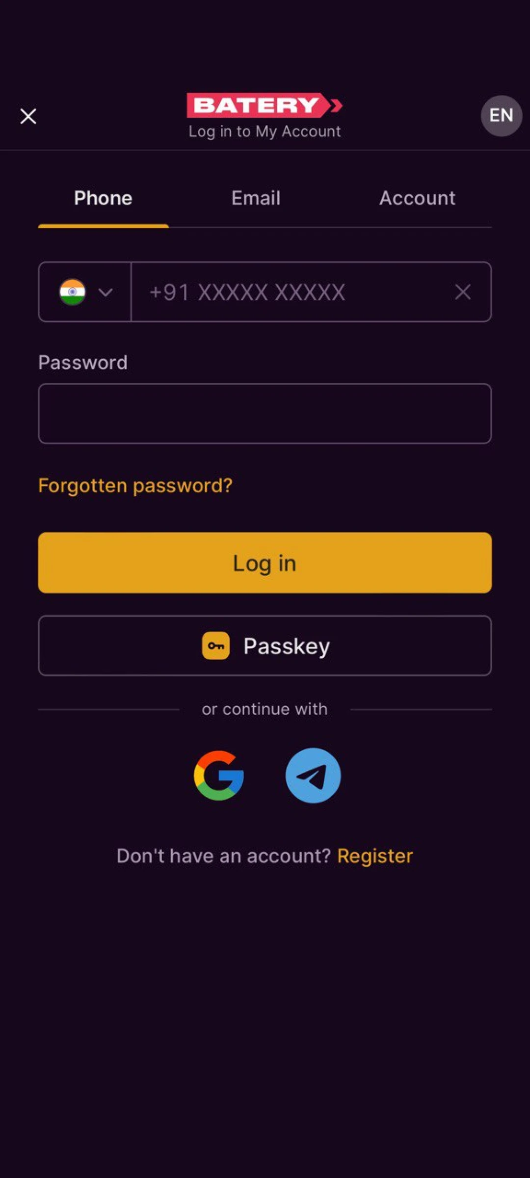 Select your preferred sign-up method for the Batery App account.