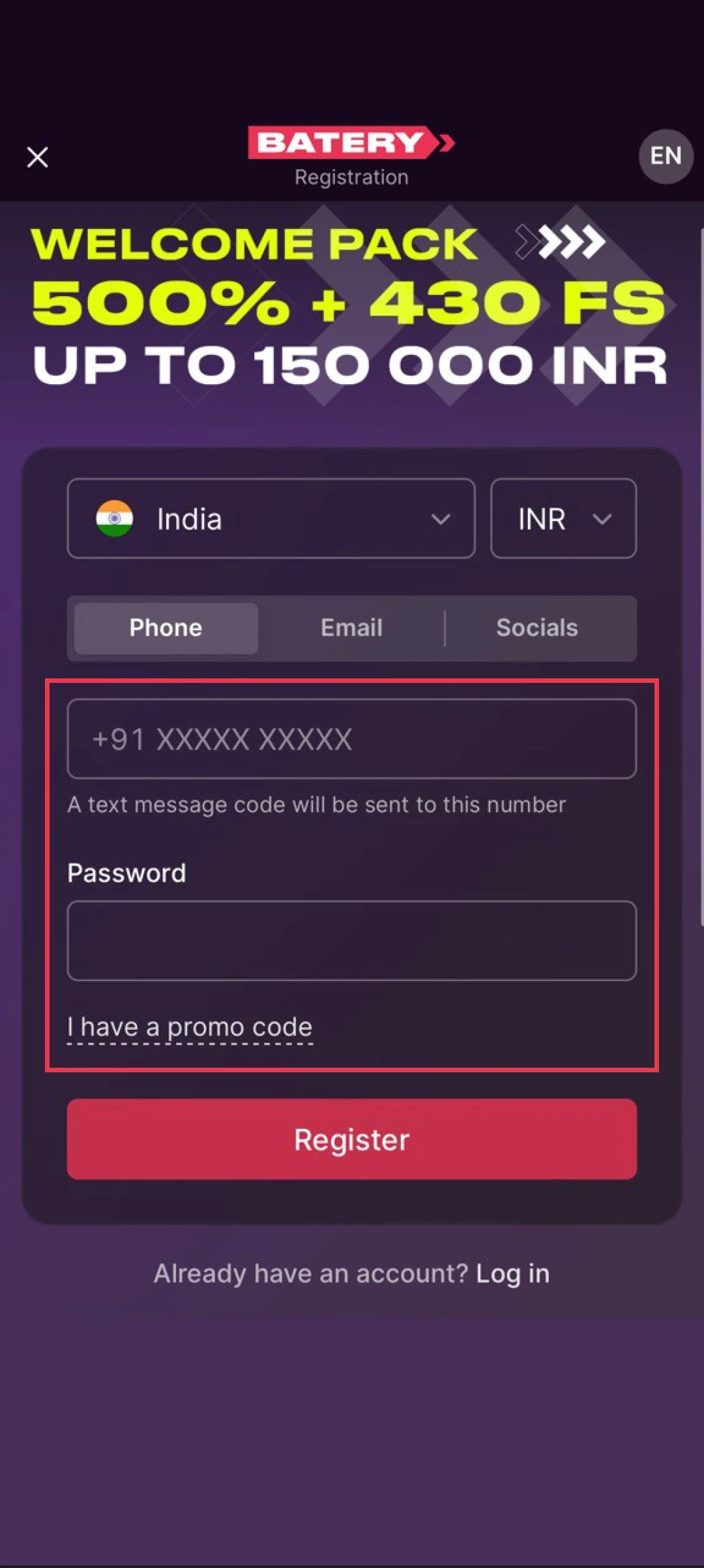 Fill in personal details to create a secure Batery App profile.