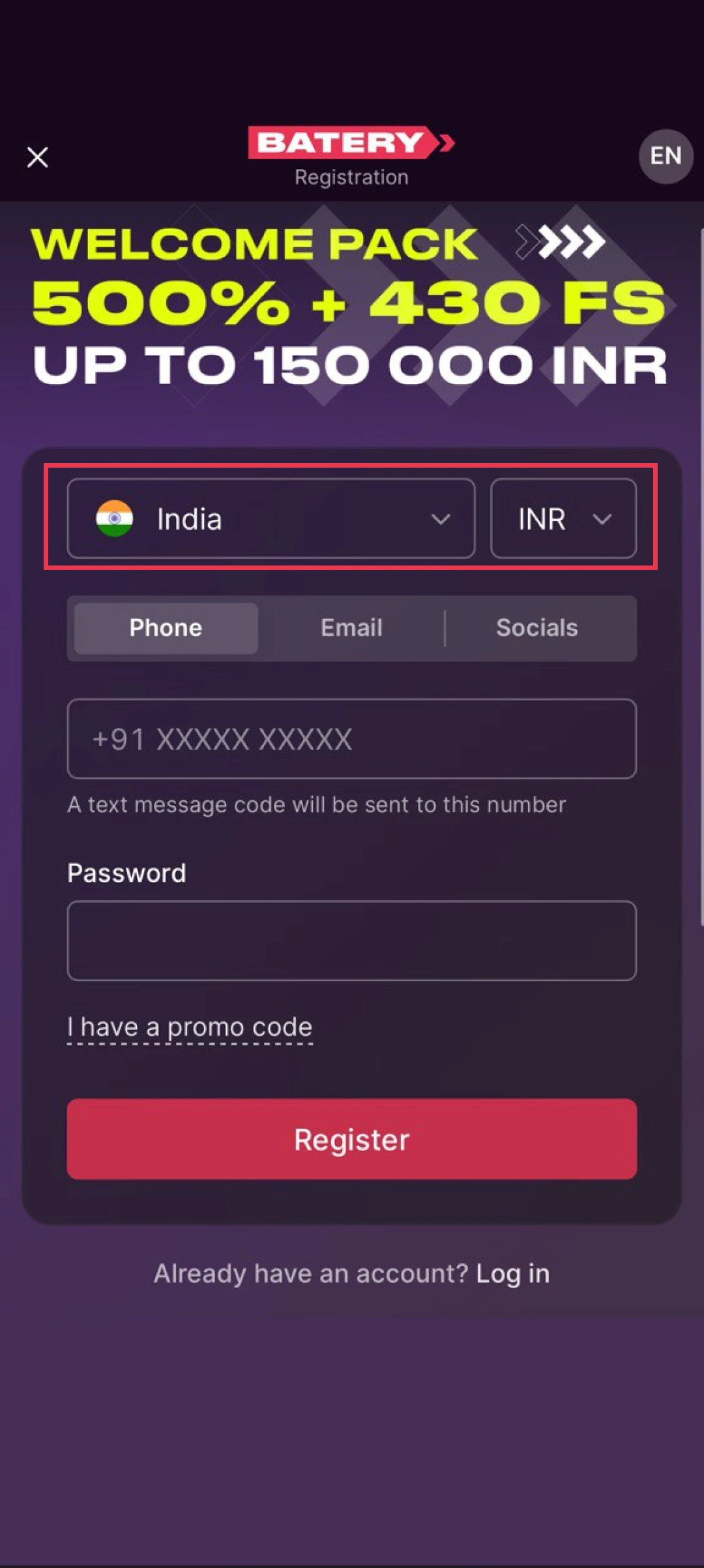 Choose India and INR currency for your Batery App account.