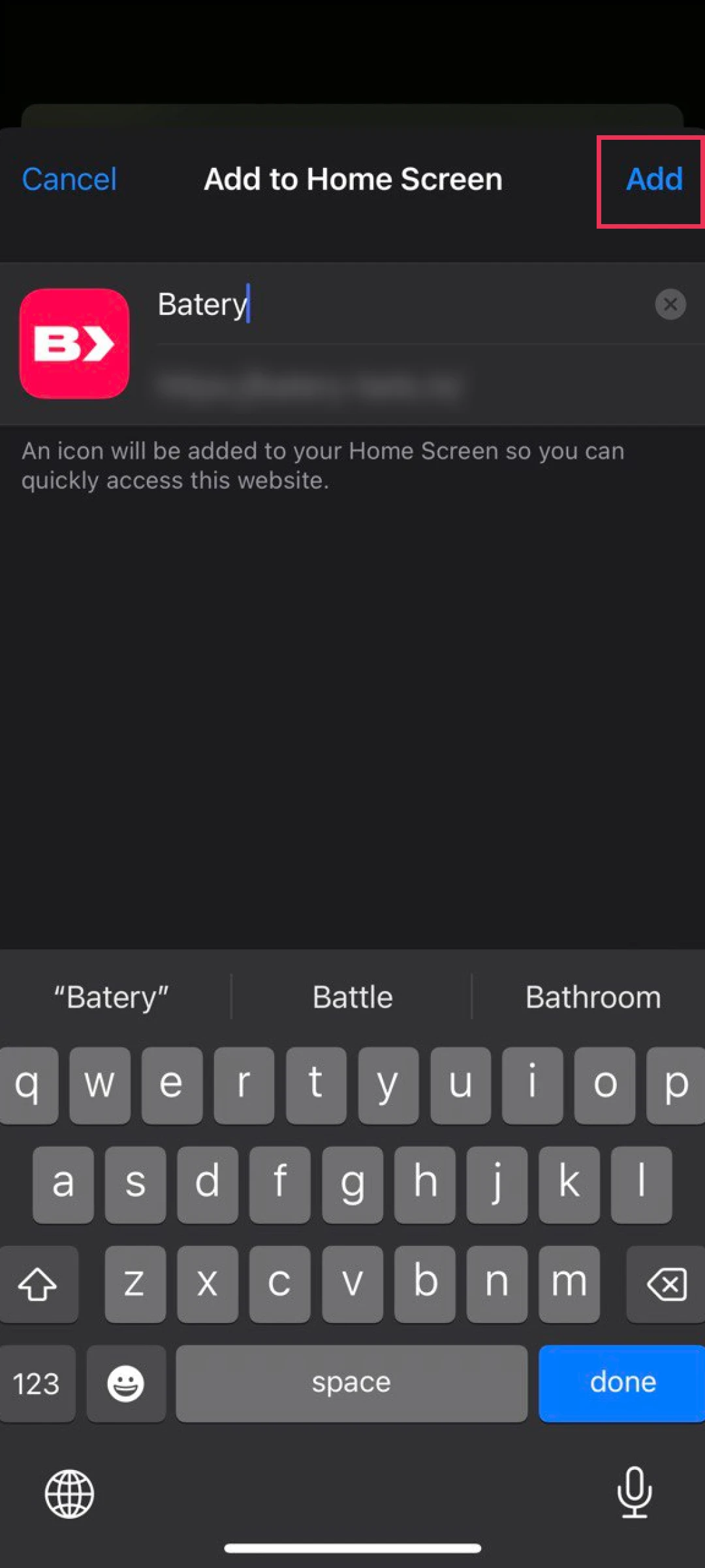 Confirm the name to finalize your Batery App iOS installation.