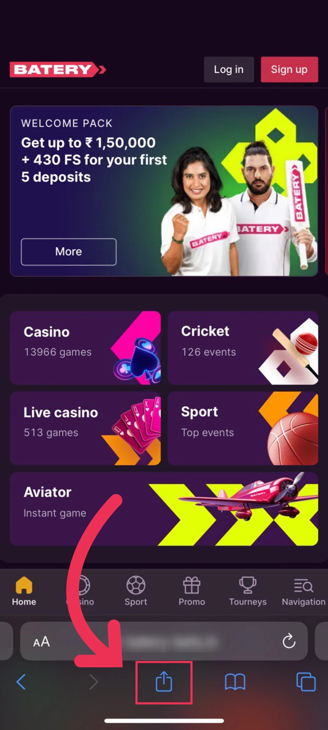 Click the browser share button to install the Batery App.