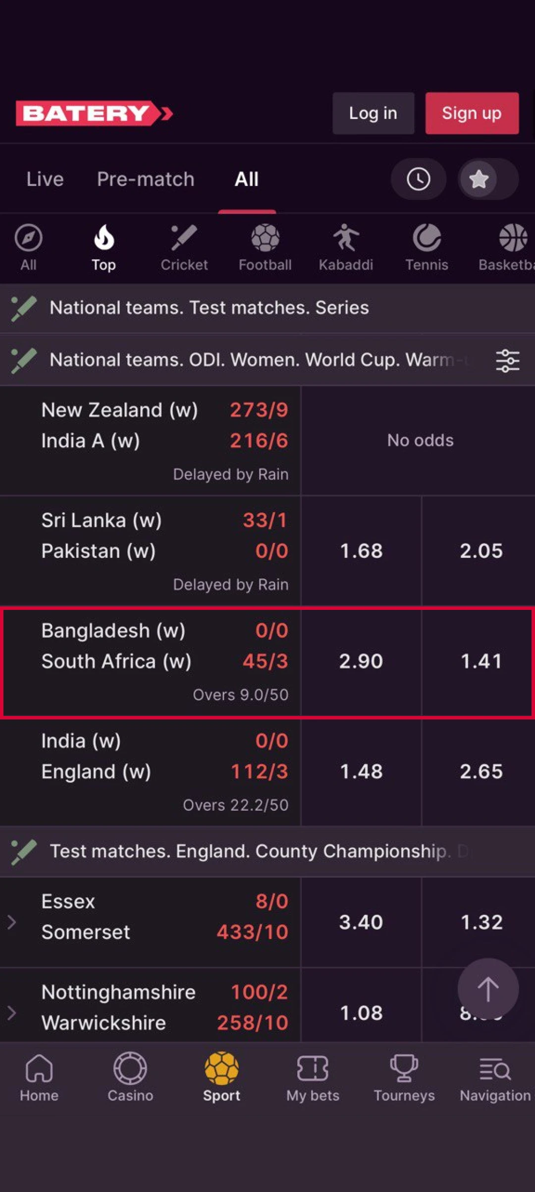 Choose a specific match to place your Batery App bet.