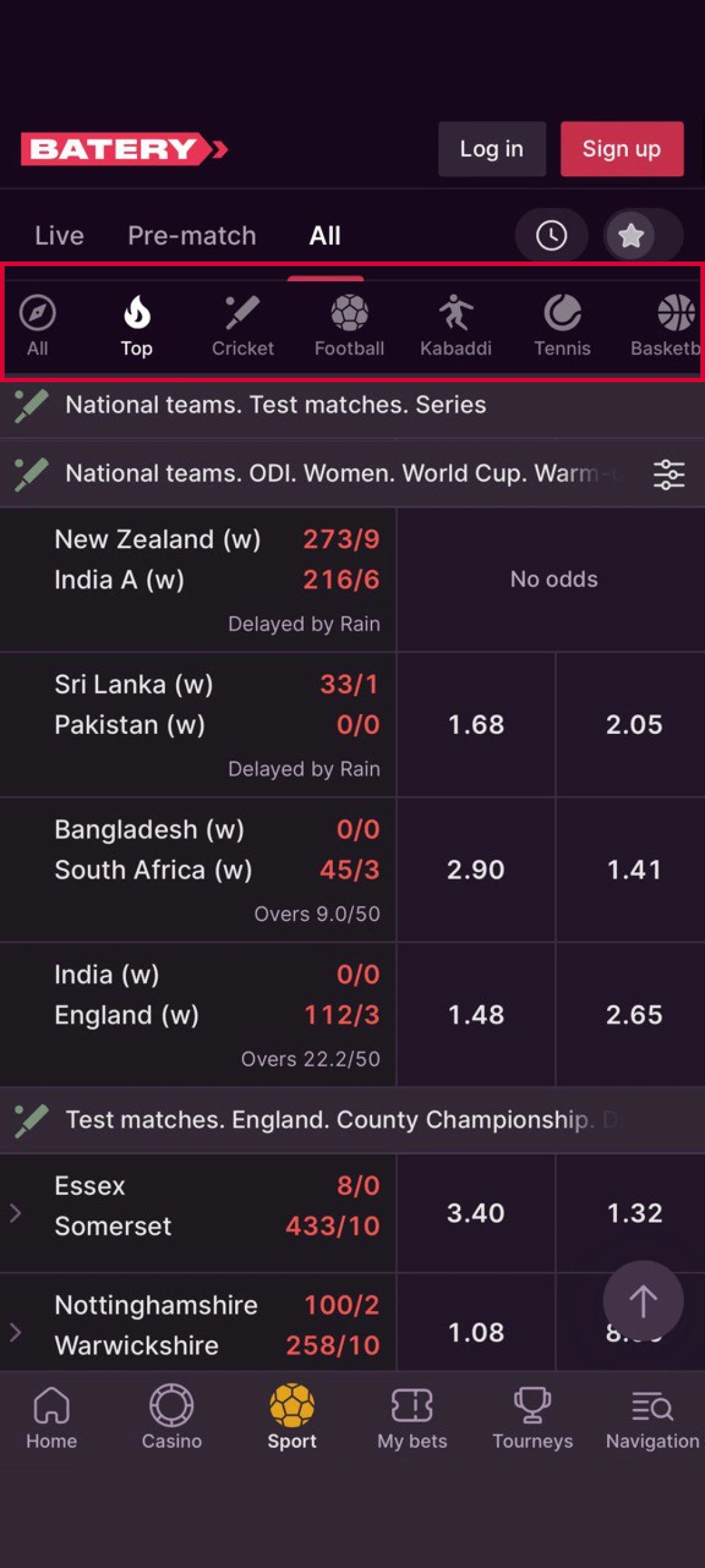 Select a sport for betting on the Batery App mobile platform.